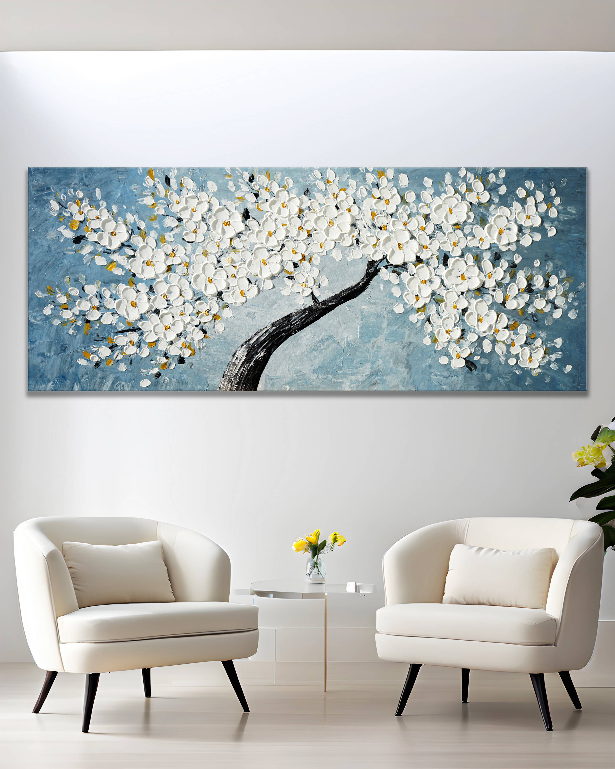 Dipinto a mano Ramo ciliegio con Fiori Bianchi 60x150cm