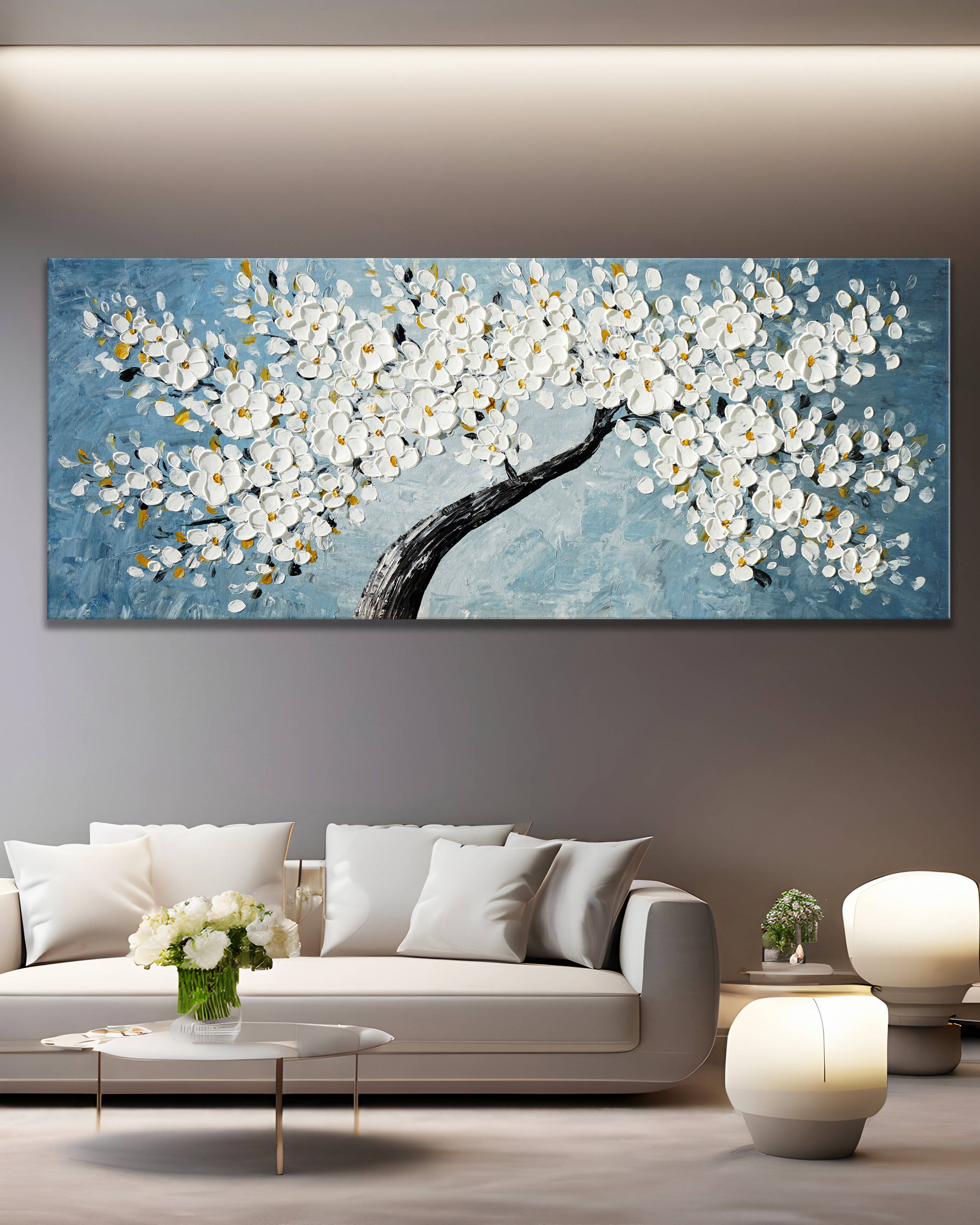 Dipinto a mano Ramo ciliegio con Fiori Bianchi 60x150cm