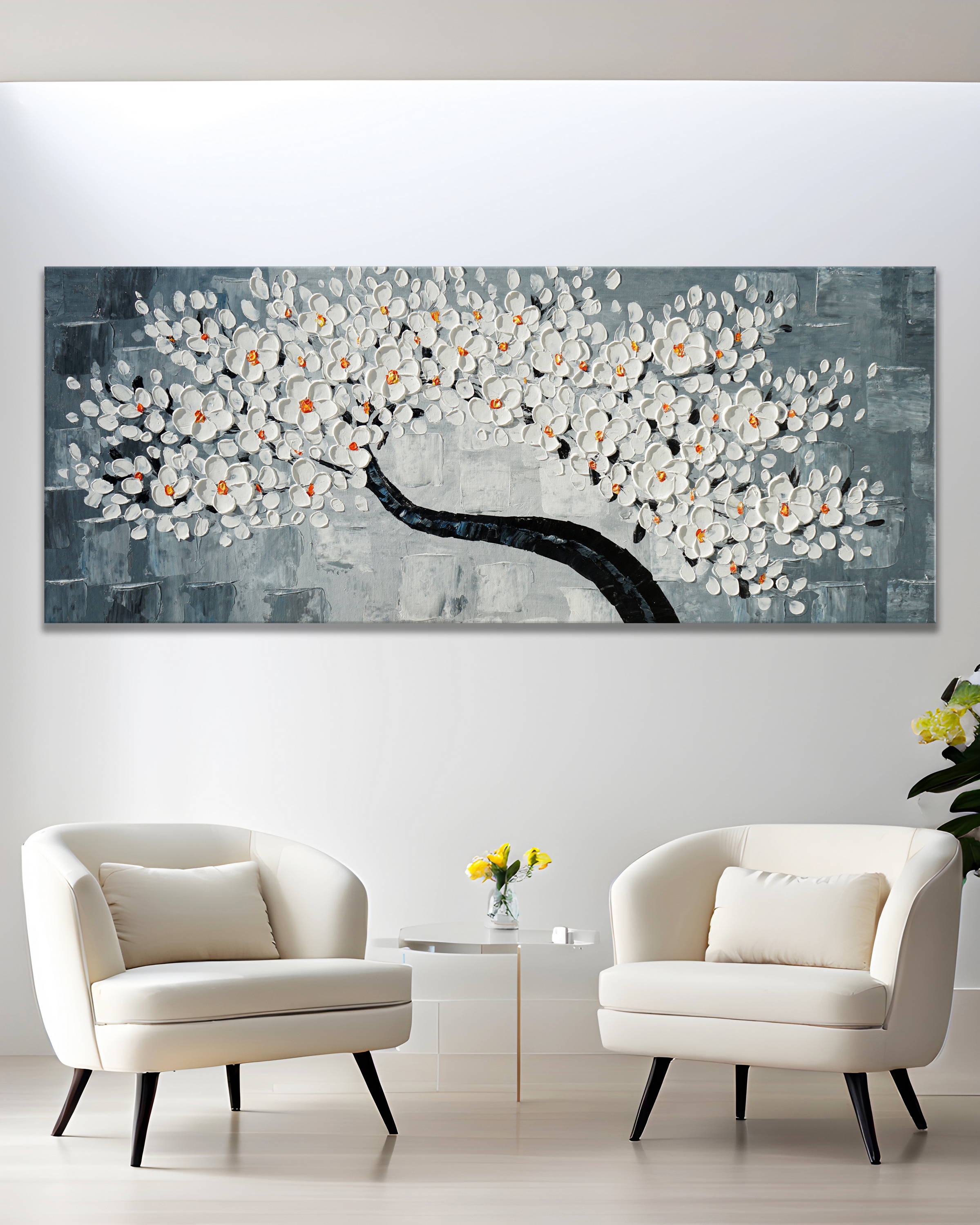 Dipinto a mano Ramo ciliegio con Fiori Bianchi 60x150cm