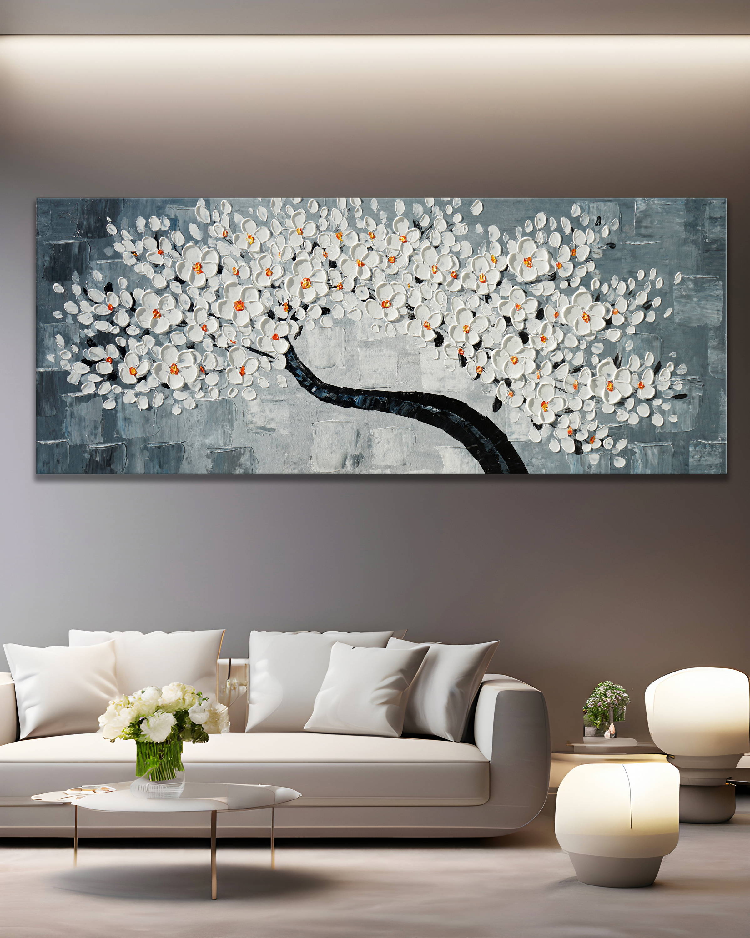 Dipinto a mano Ramo ciliegio con Fiori Bianchi 60x150cm