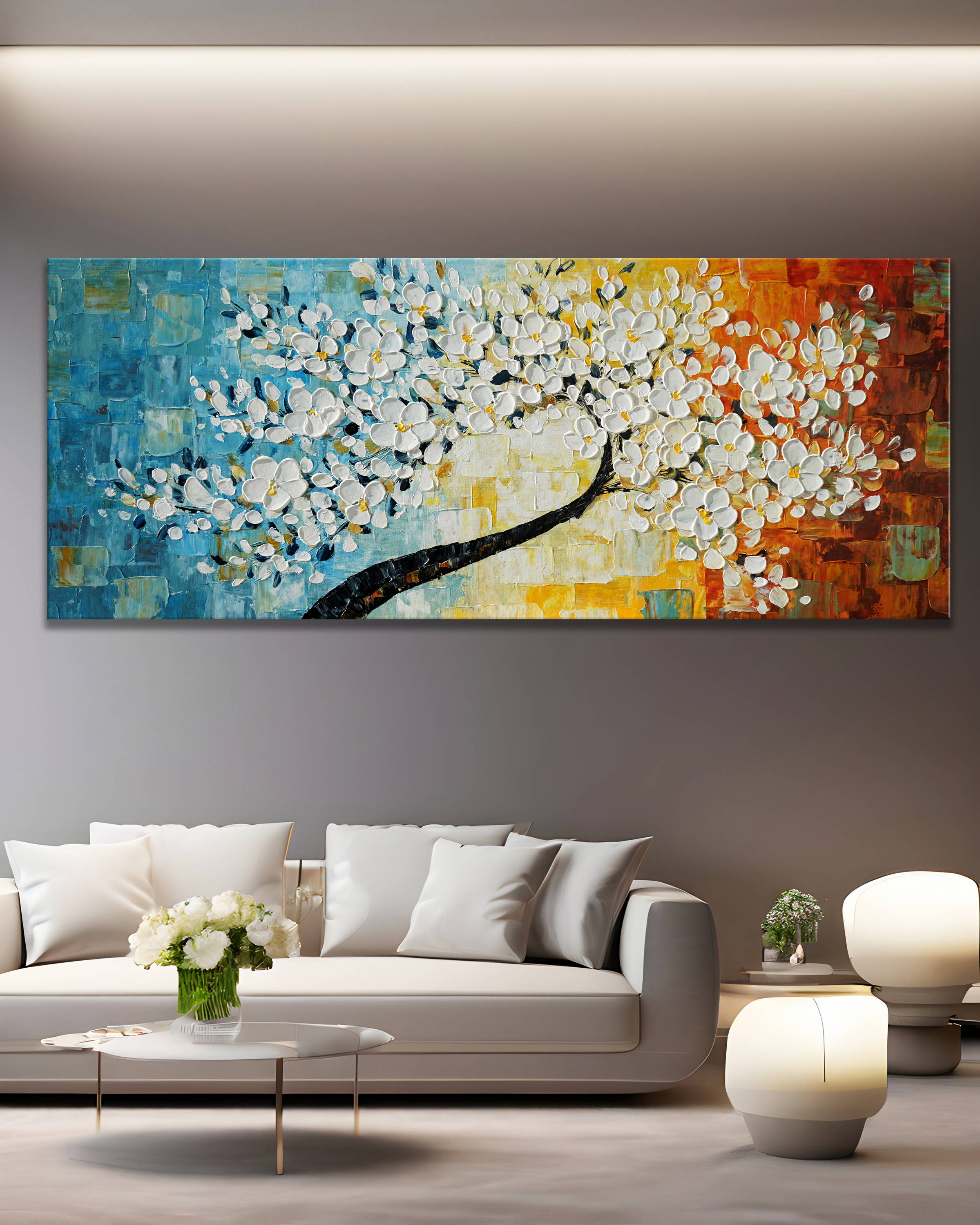 Dipinto a mano moderno Fiori ciliegio 60x150cm