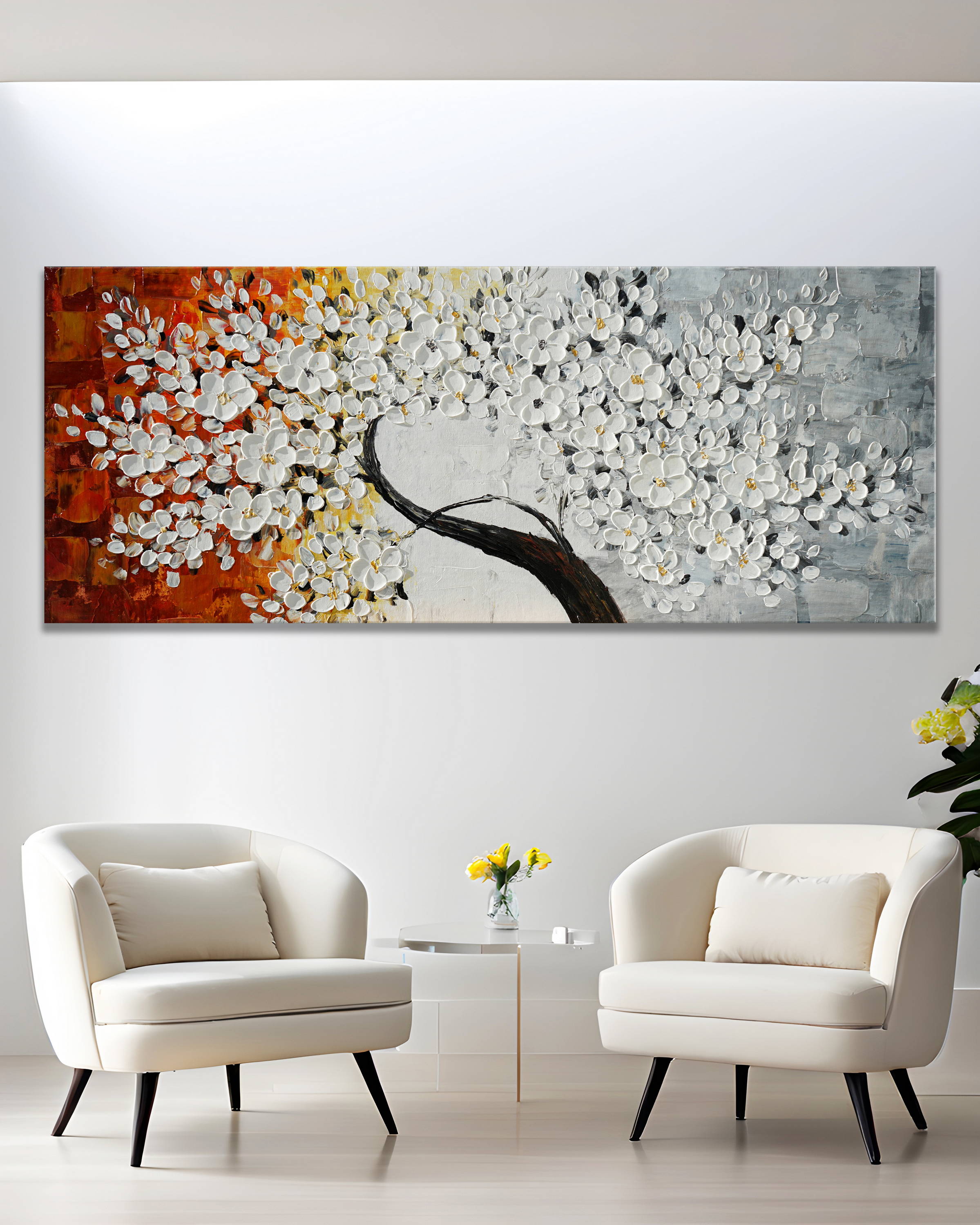 Dipinto a mano moderno Fiori ciliegio 60x150cm