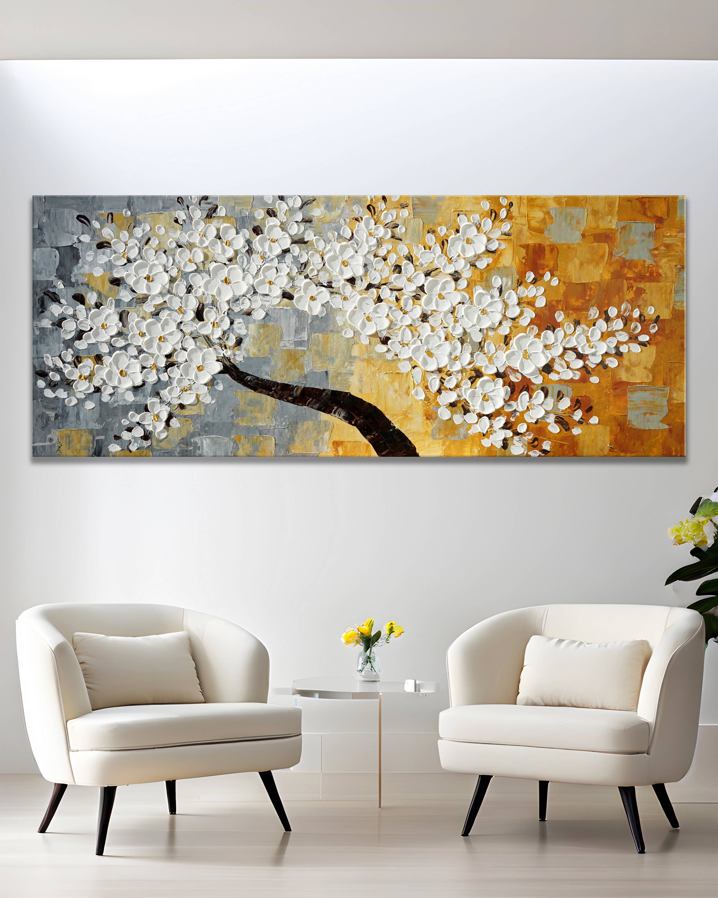 Dipinto a mano moderno Fiori ciliegio 60x150cm