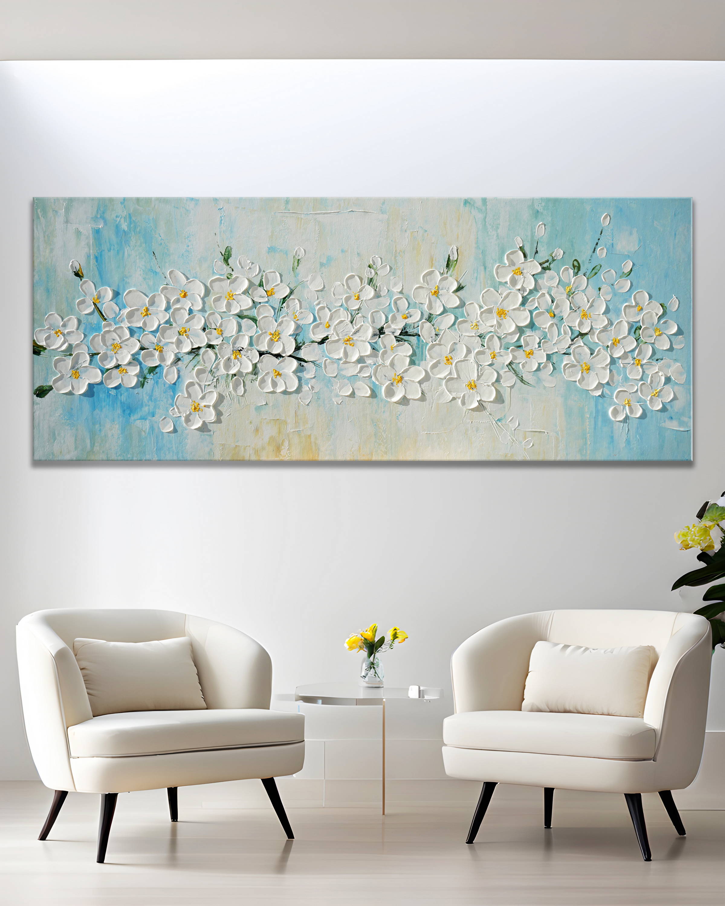 Dipinto a mano moderno Ramo ciliegio in fiore 60x150cm