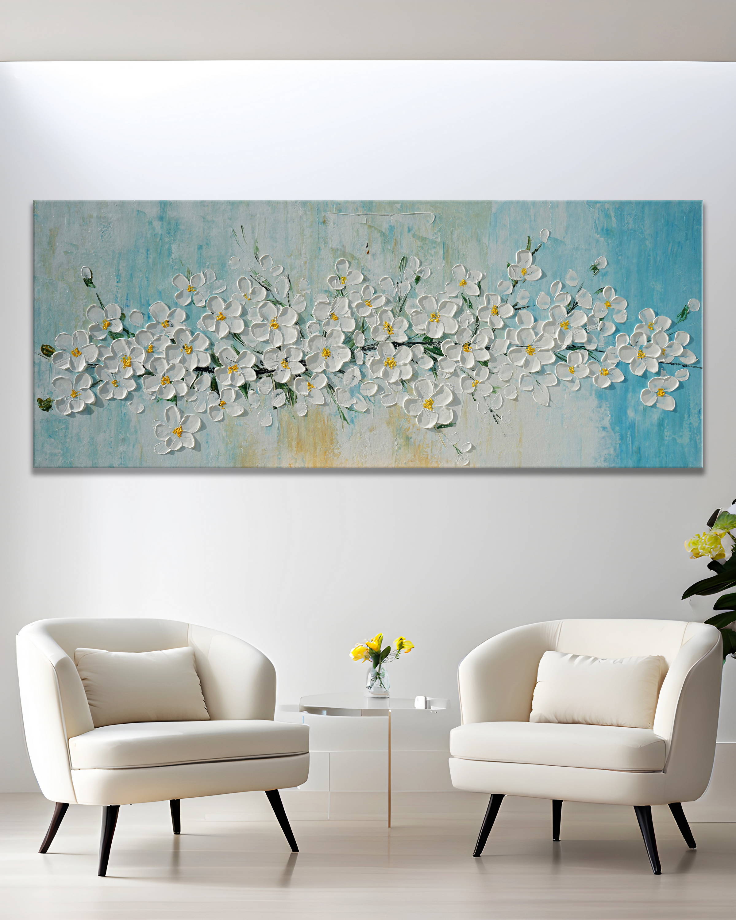 Dipinto a mano moderno Ramo ciliegio in fiore 60x150cm