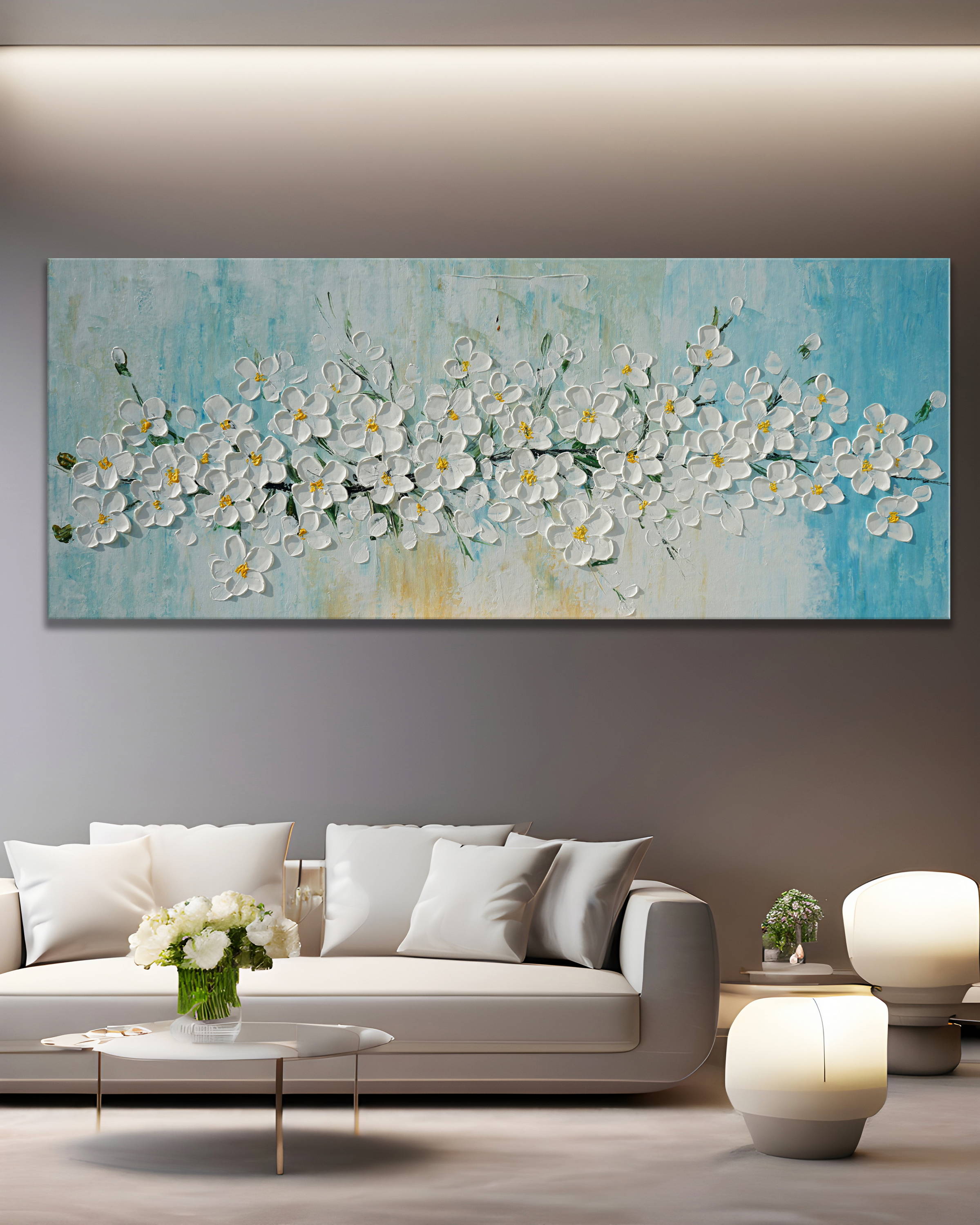 Dipinto a mano moderno Ramo ciliegio in fiore 60x150cm