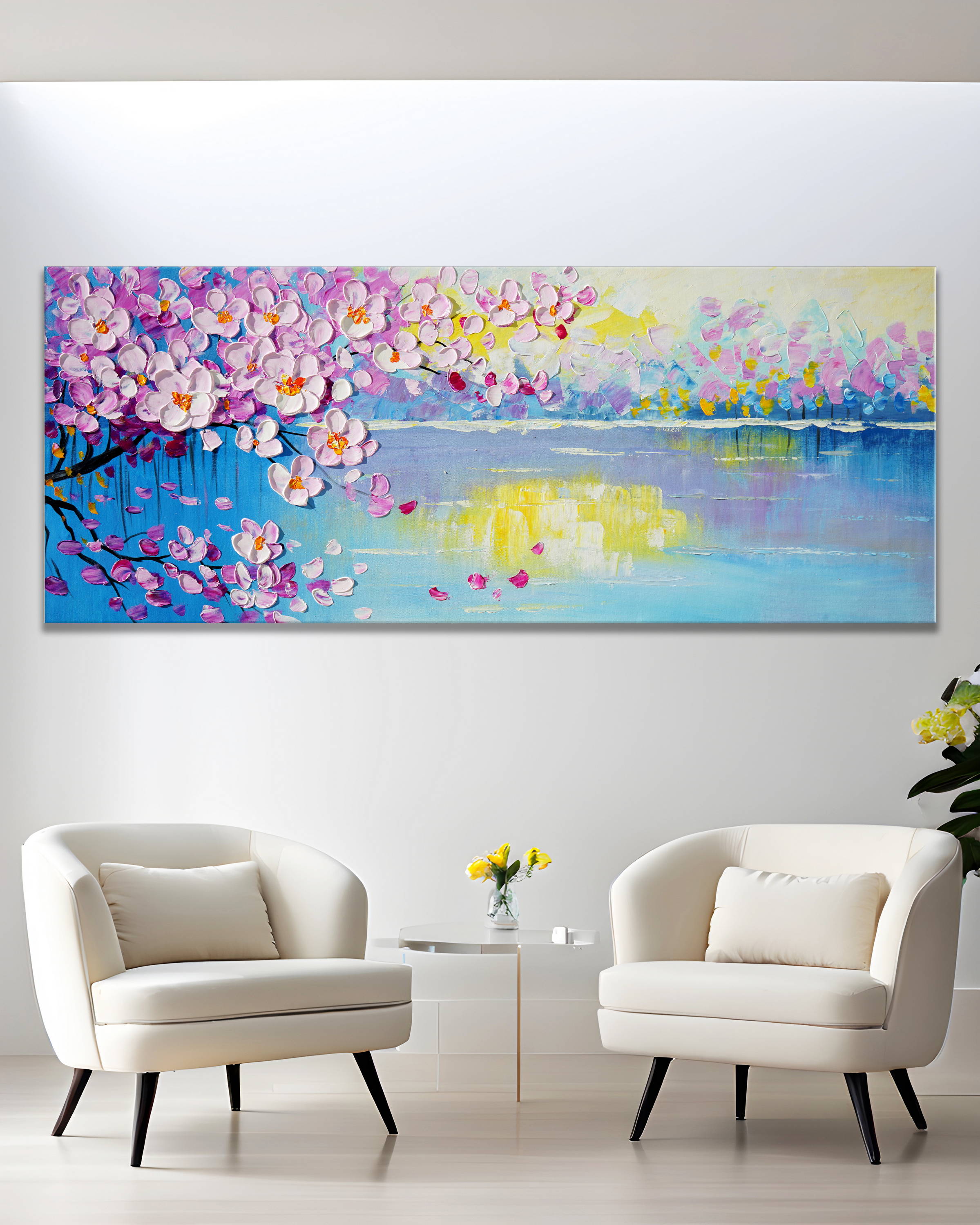 Dipinto a mano Fiori ciliegio rosa Lago incantato 60x150cm