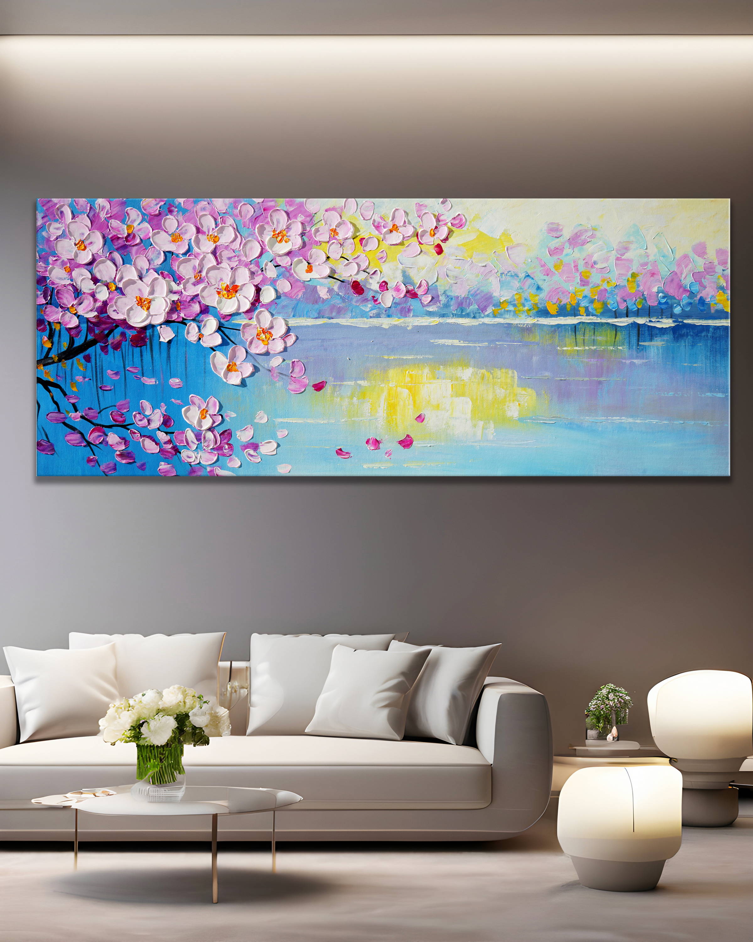 Dipinto a mano Fiori ciliegio rosa Lago incantato 60x150cm