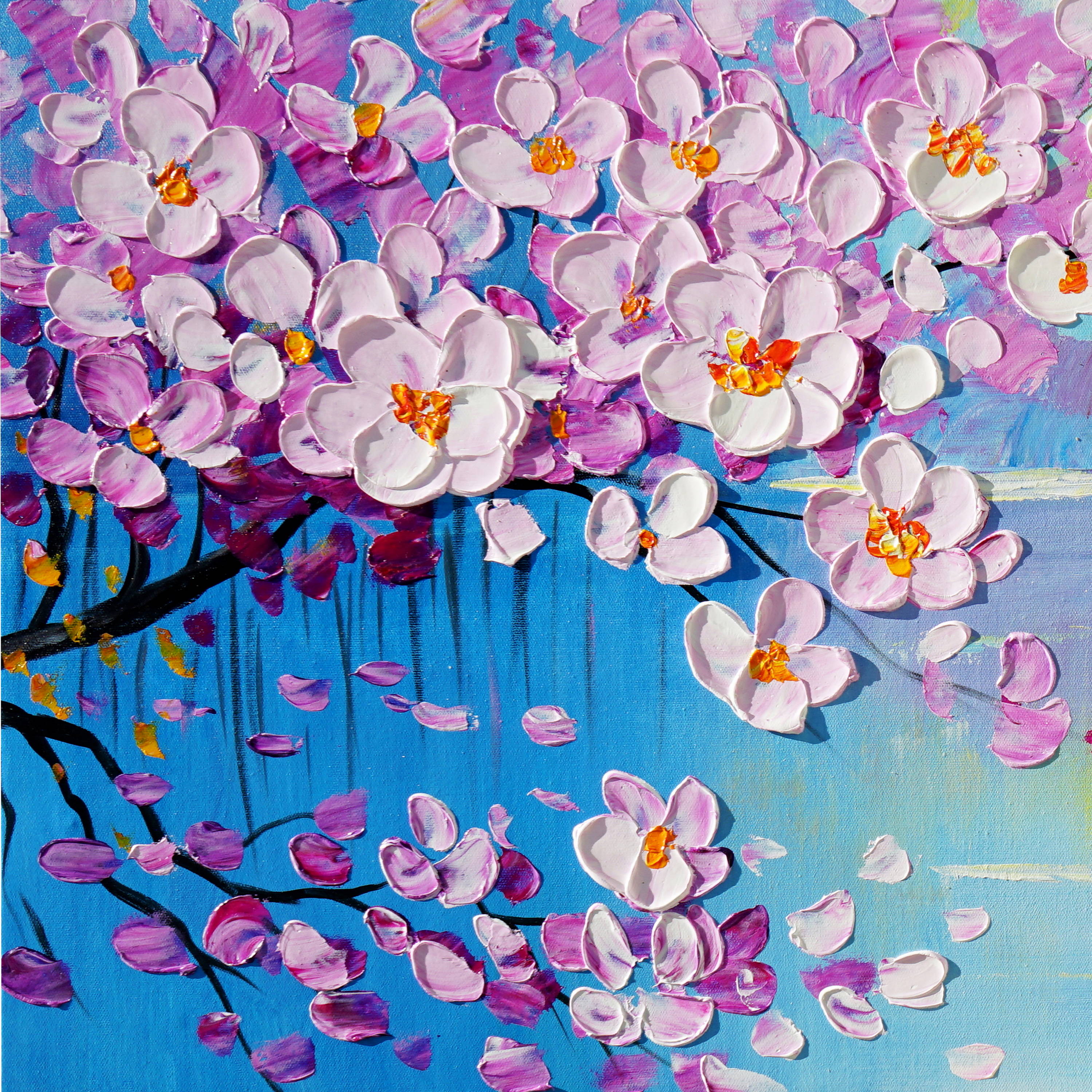 Dipinto a mano Fiori ciliegio rosa Lago incantato 60x150cm