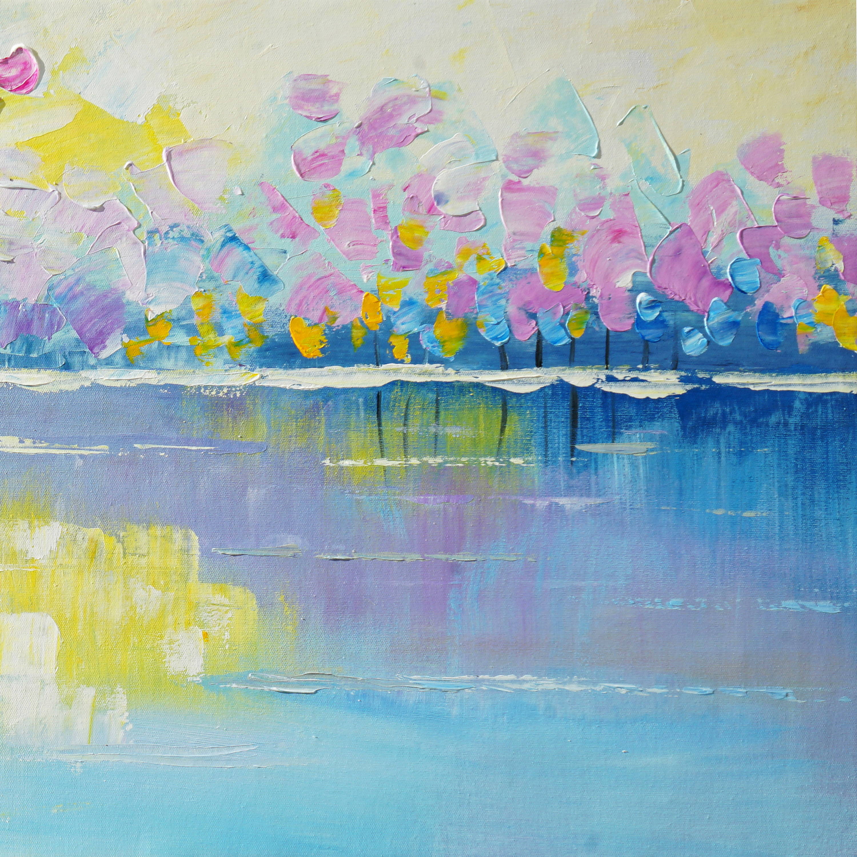 Dipinto a mano Fiori ciliegio rosa Lago incantato 60x150cm