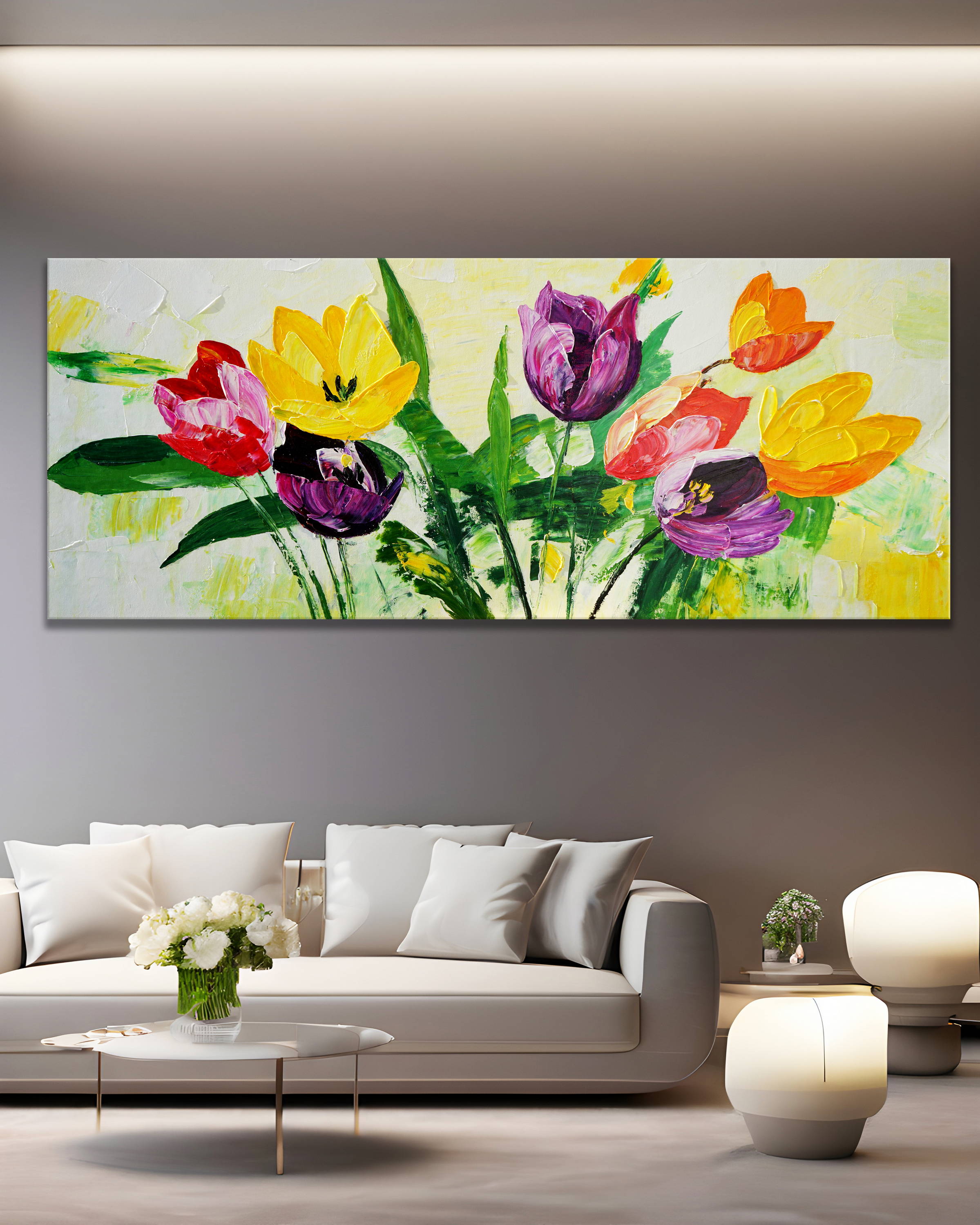 Dipinto a mano Arte moderna Tulipani colorati 60x150cm