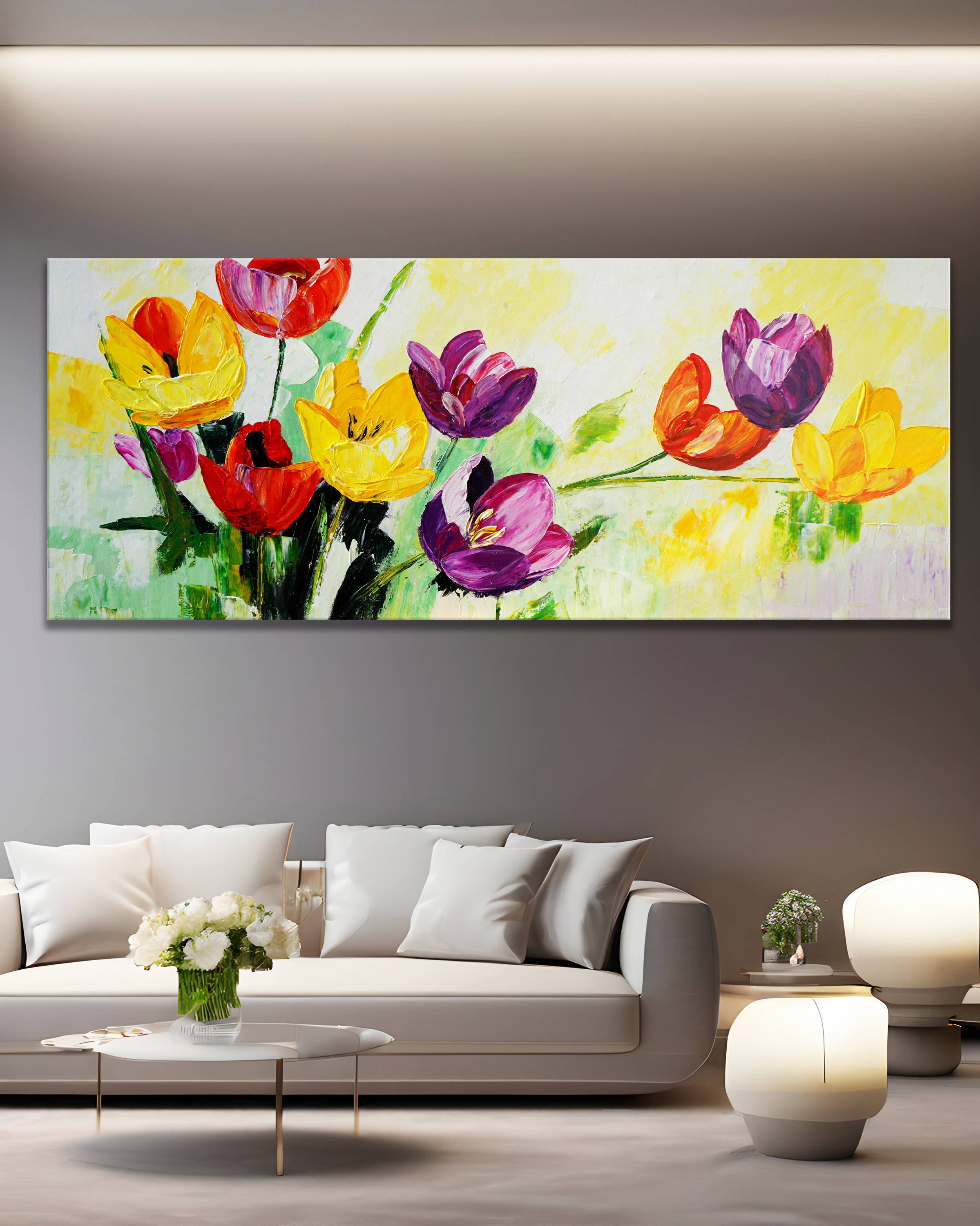 Dipinto a mano Arte moderna Tulipani colorati 60x150cm