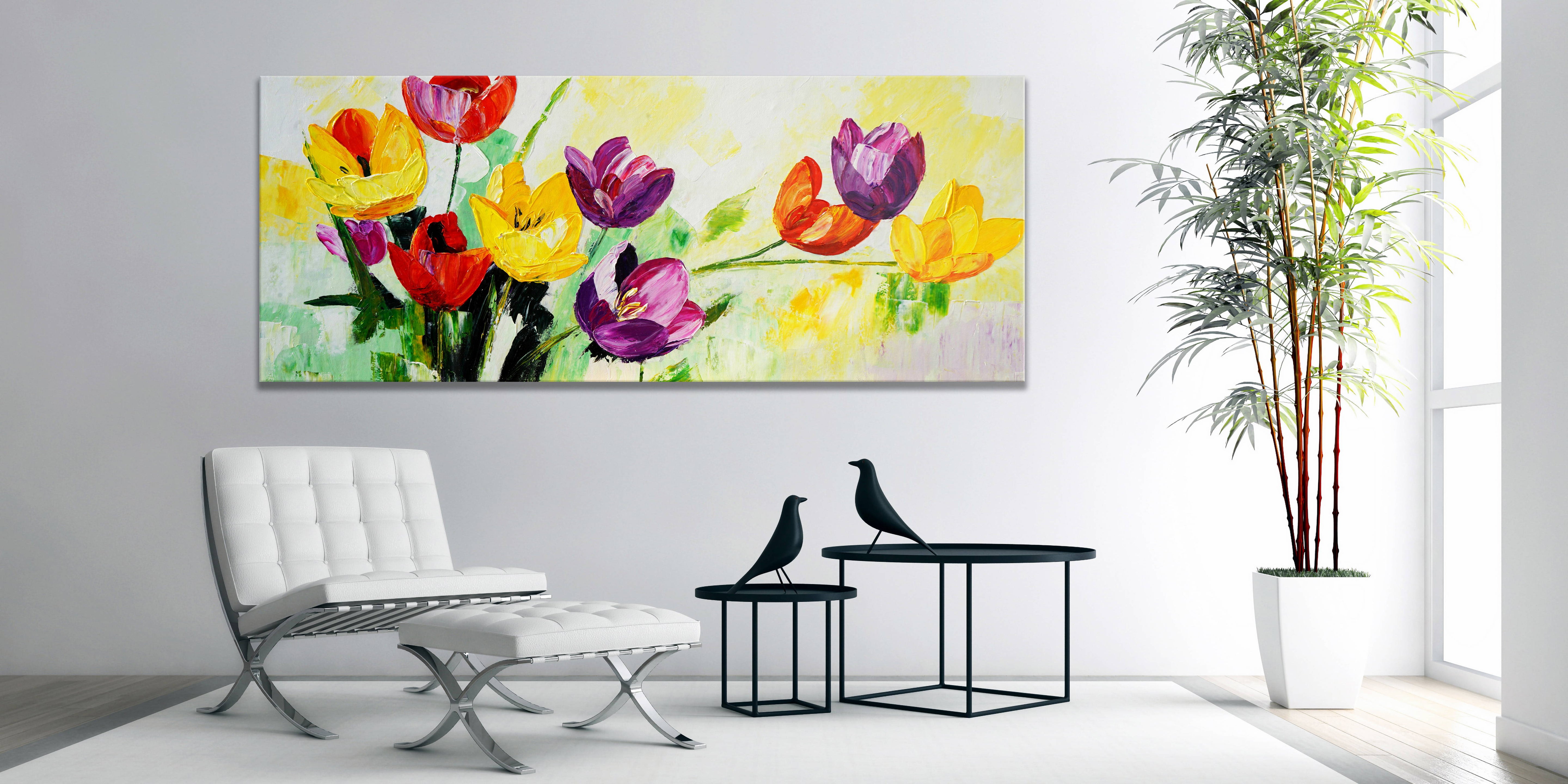 Dipinto a mano Arte moderna Tulipani colorati 60x150cm