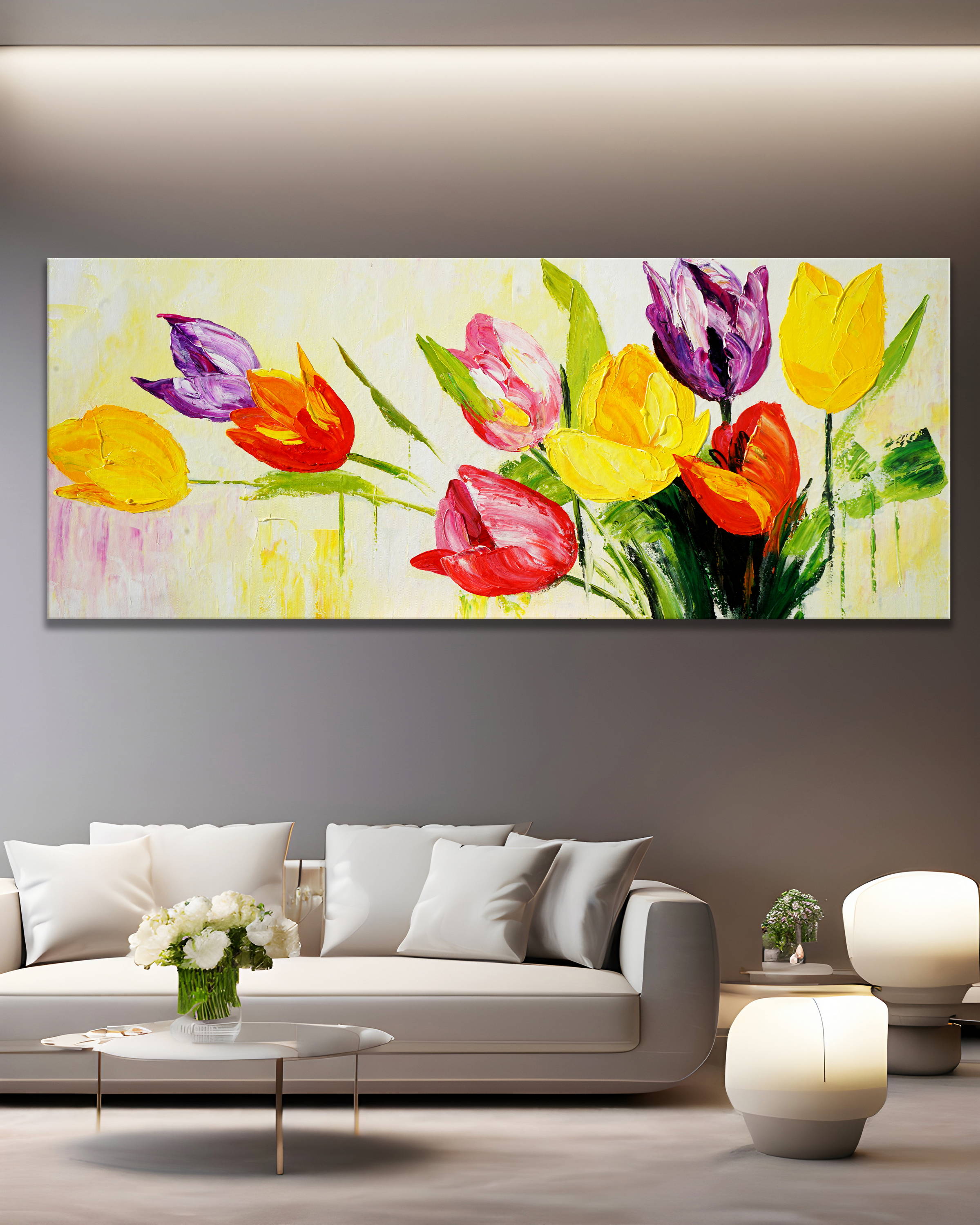 Dipinto a mano Arte moderna Tulipani colorati 60x150cm