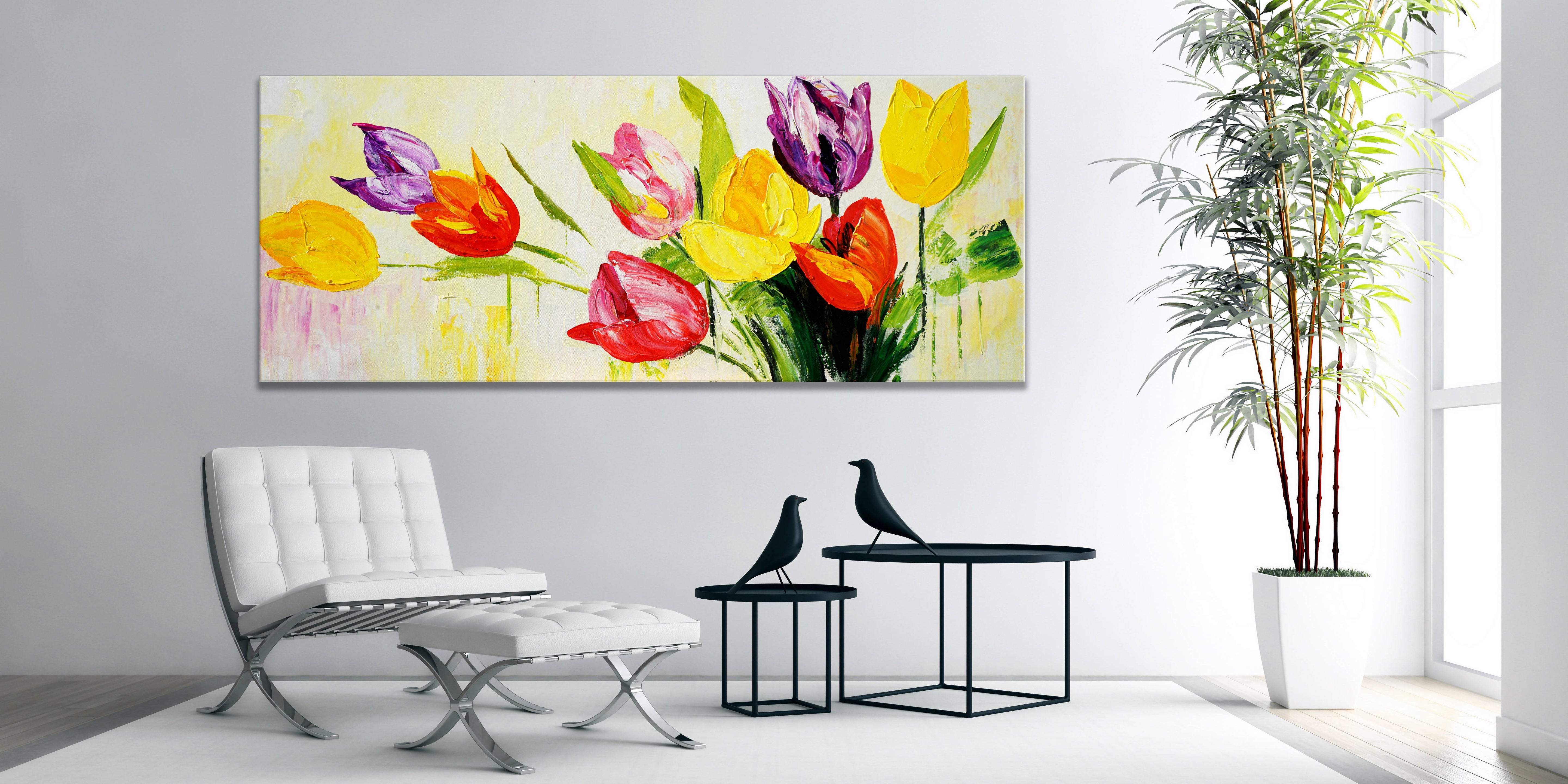 Dipinto a mano Arte moderna Tulipani colorati 60x150cm