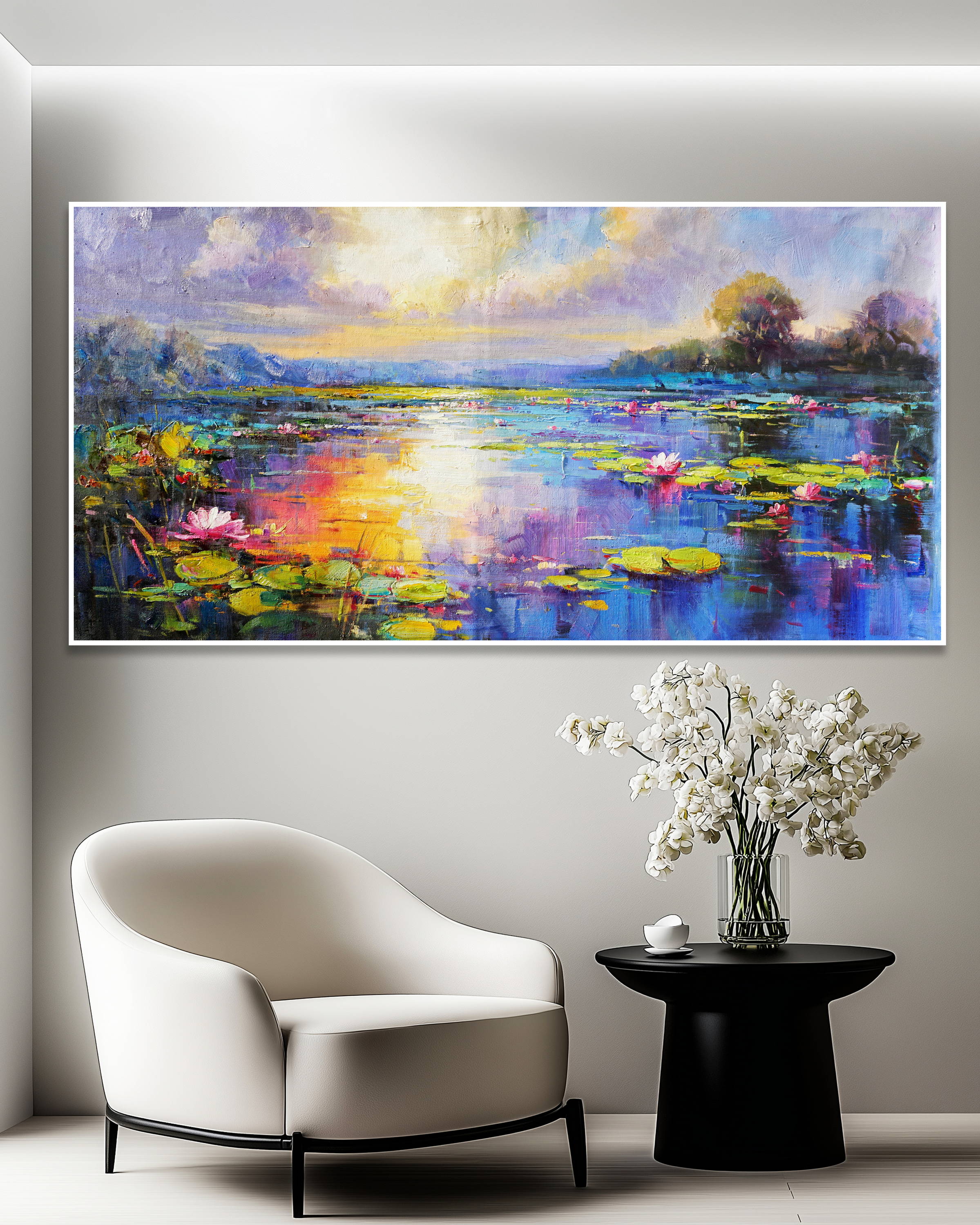 Dipinto a mano Lago di ninfee al tramonto 70x140cm