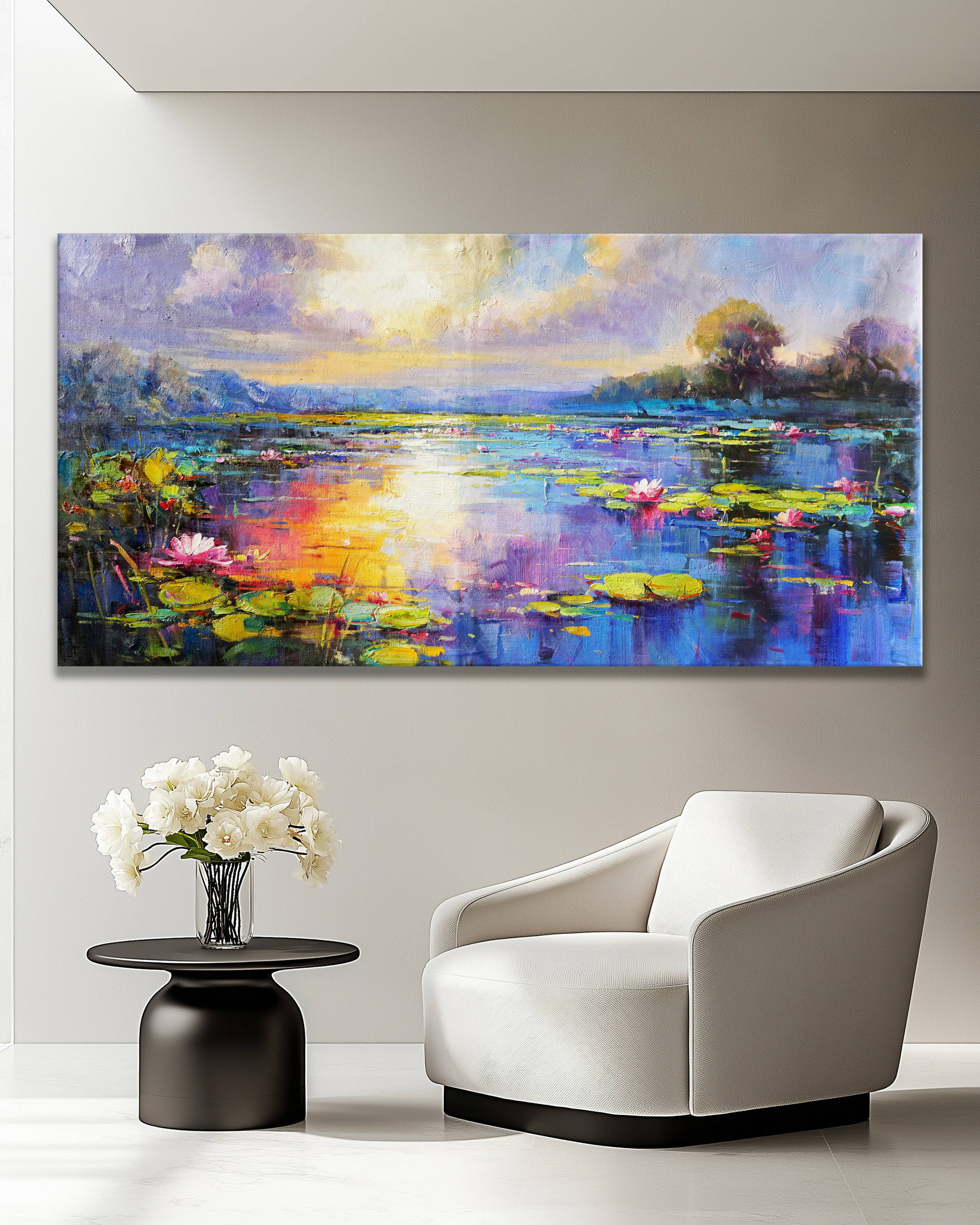 Dipinto a mano Lago di ninfee al tramonto 70x140cm