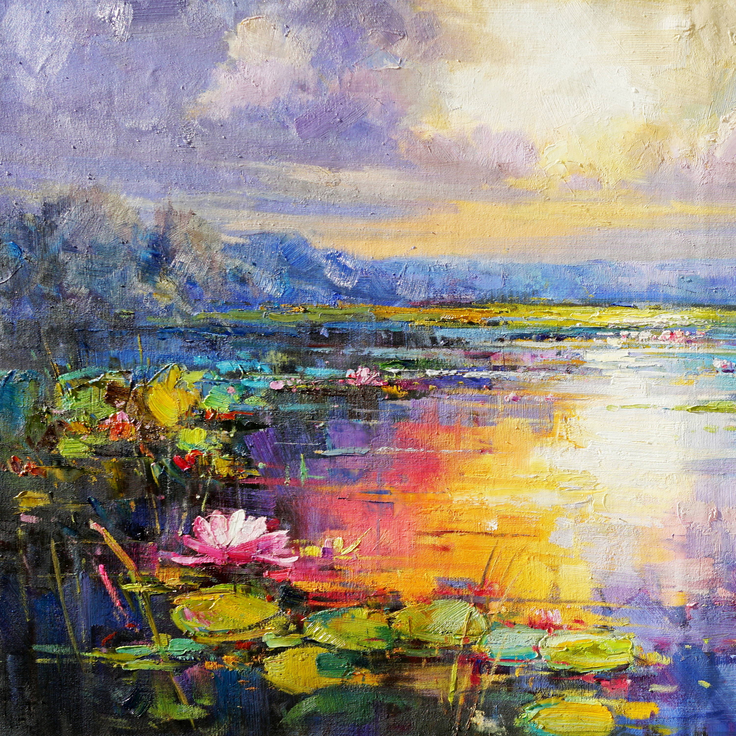 Dipinto a mano Lago di ninfee al tramonto 70x140cm