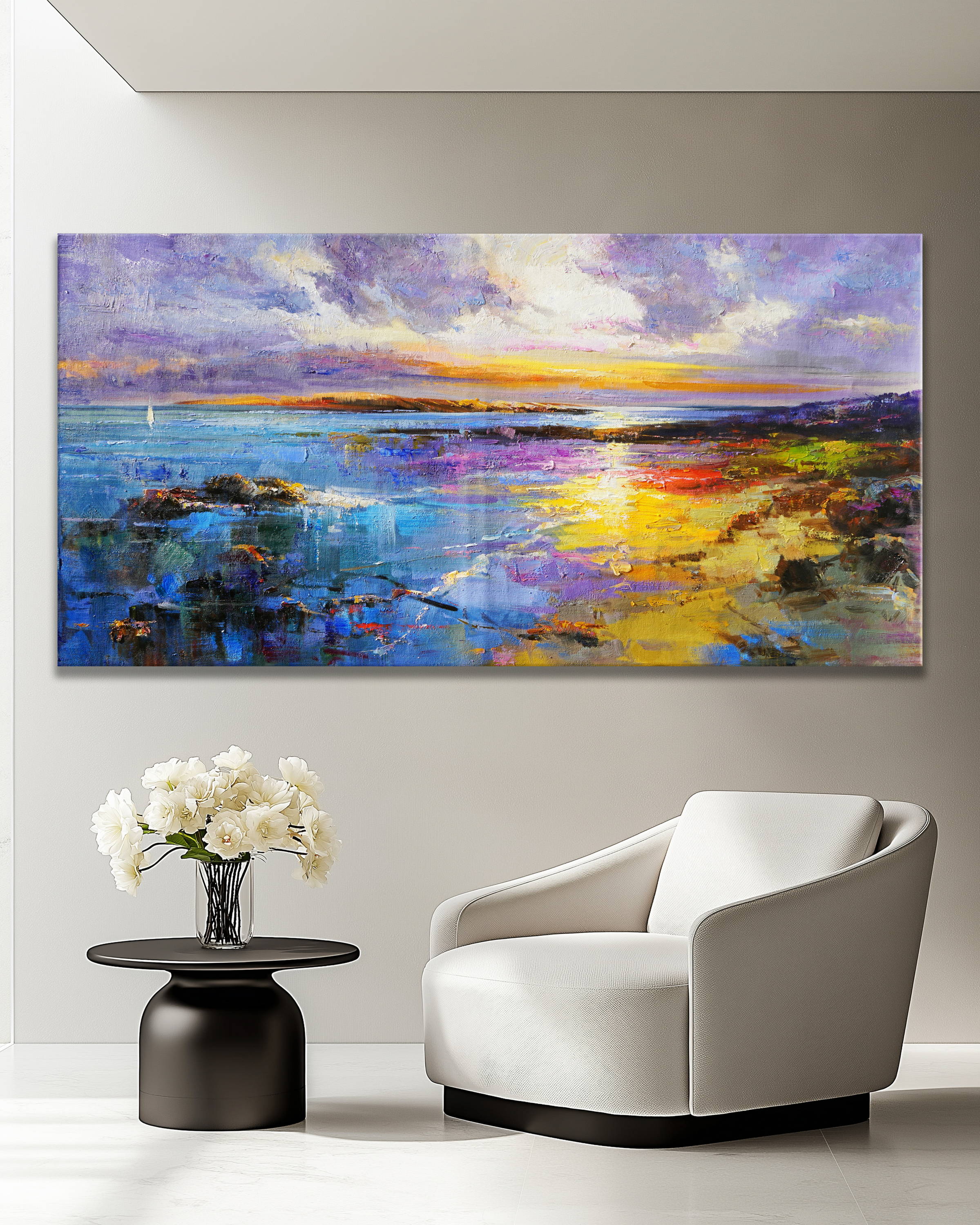 Hand Painted Body of Water with Beach and Clouds 70x140cm