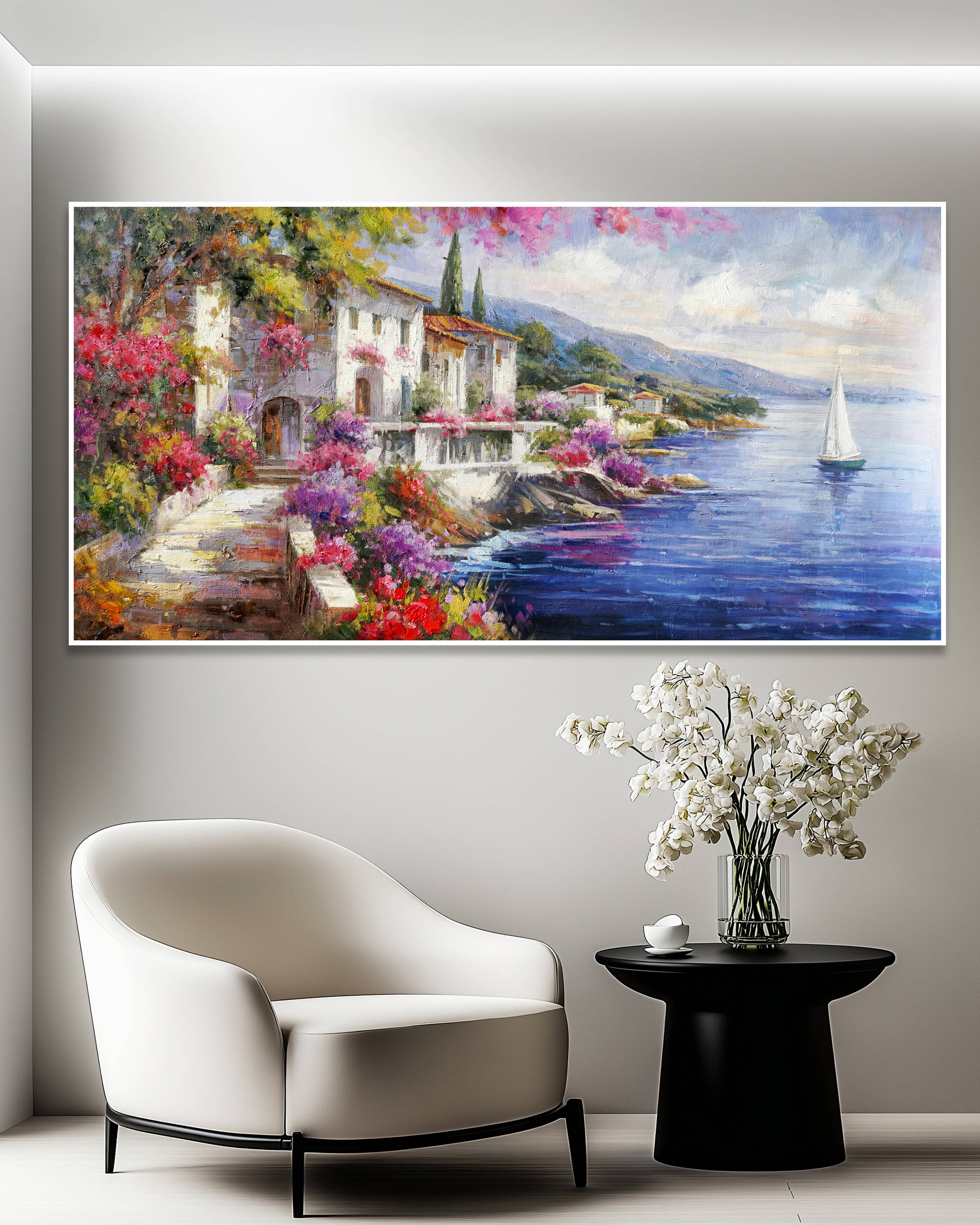 Dipinto a mano Villa sul Lago di Como 70x140cm