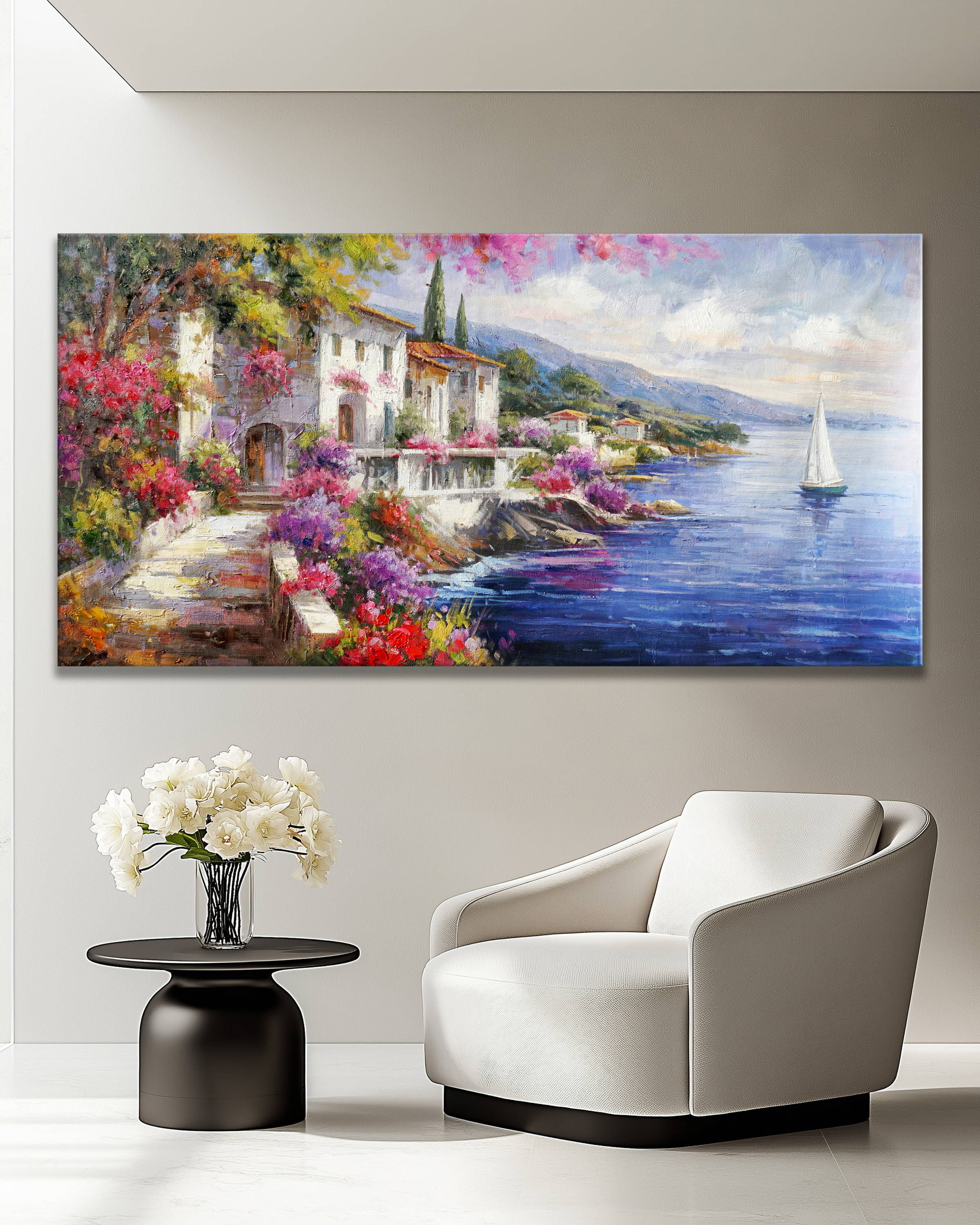 Dipinto a mano Villa sul Lago di Como 70x140cm