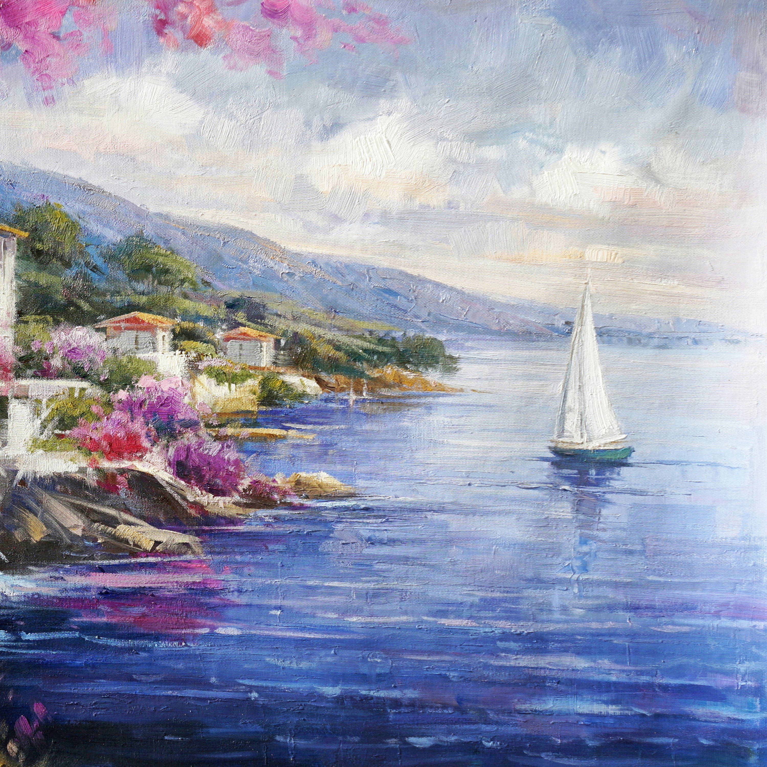 Dipinto a mano Villa sul Lago di Como 70x140cm