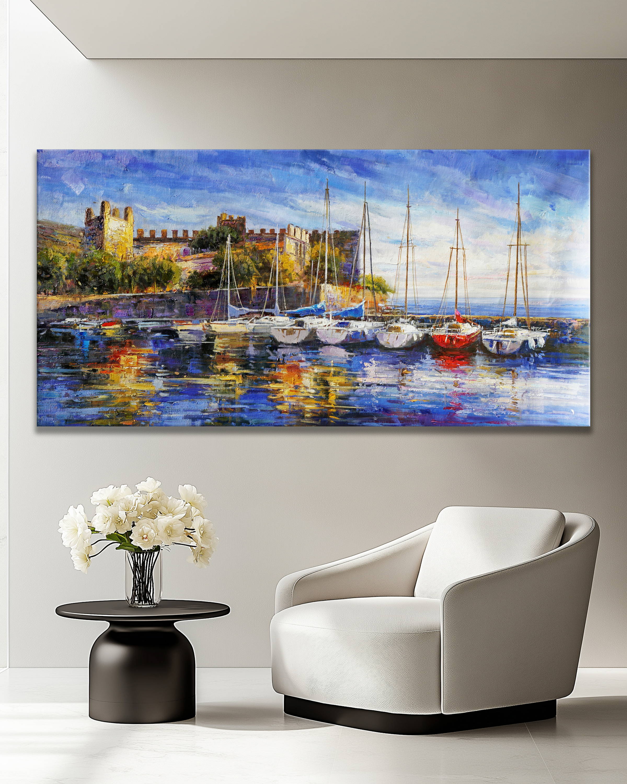 Dipinto a mano Castello Torri del Benaco Lago di Garda 70x140cm