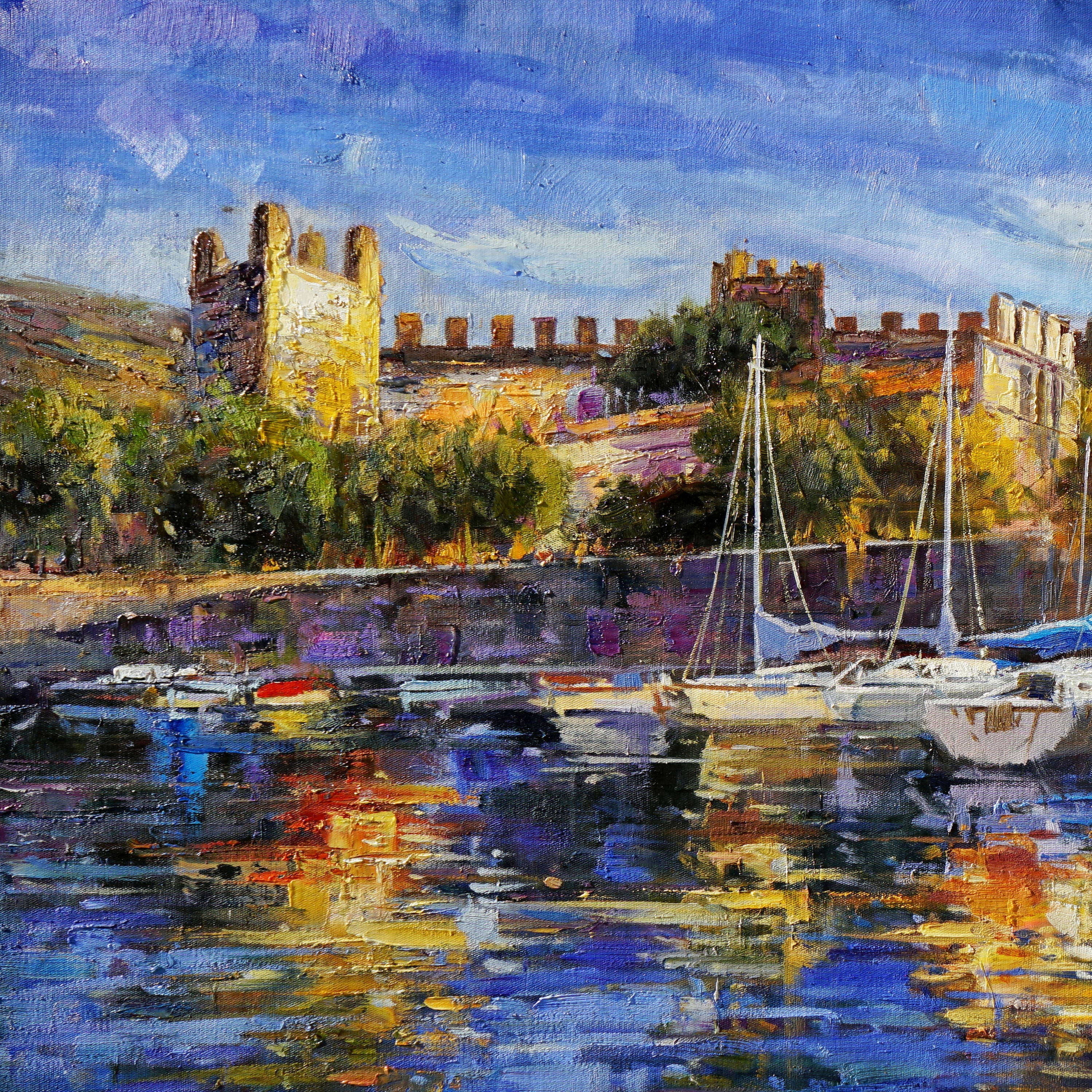 Dipinto a mano Castello Torri del Benaco Lago di Garda 70x140cm