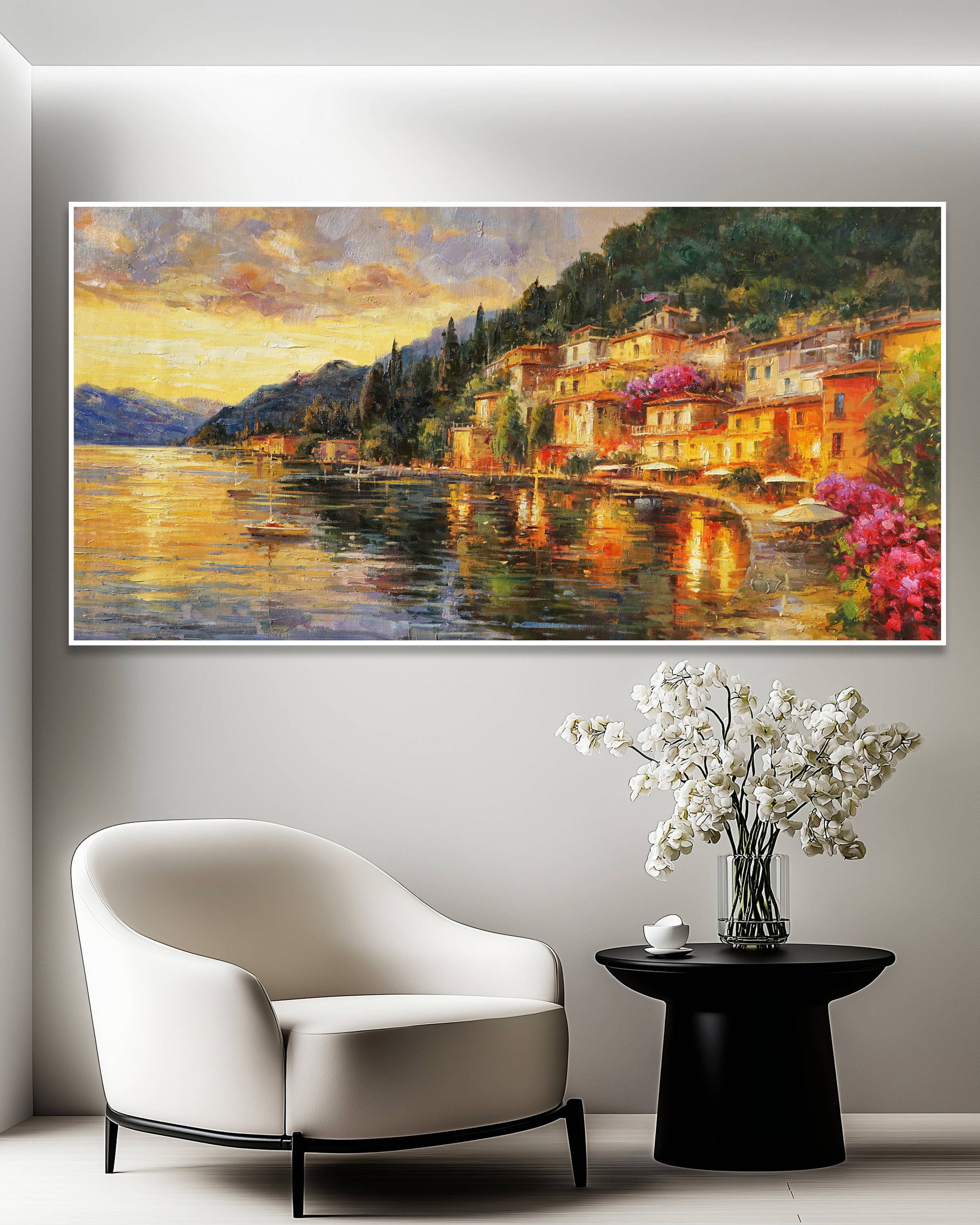 Dipinto a mano Varenna Lago di Como 70x140cm