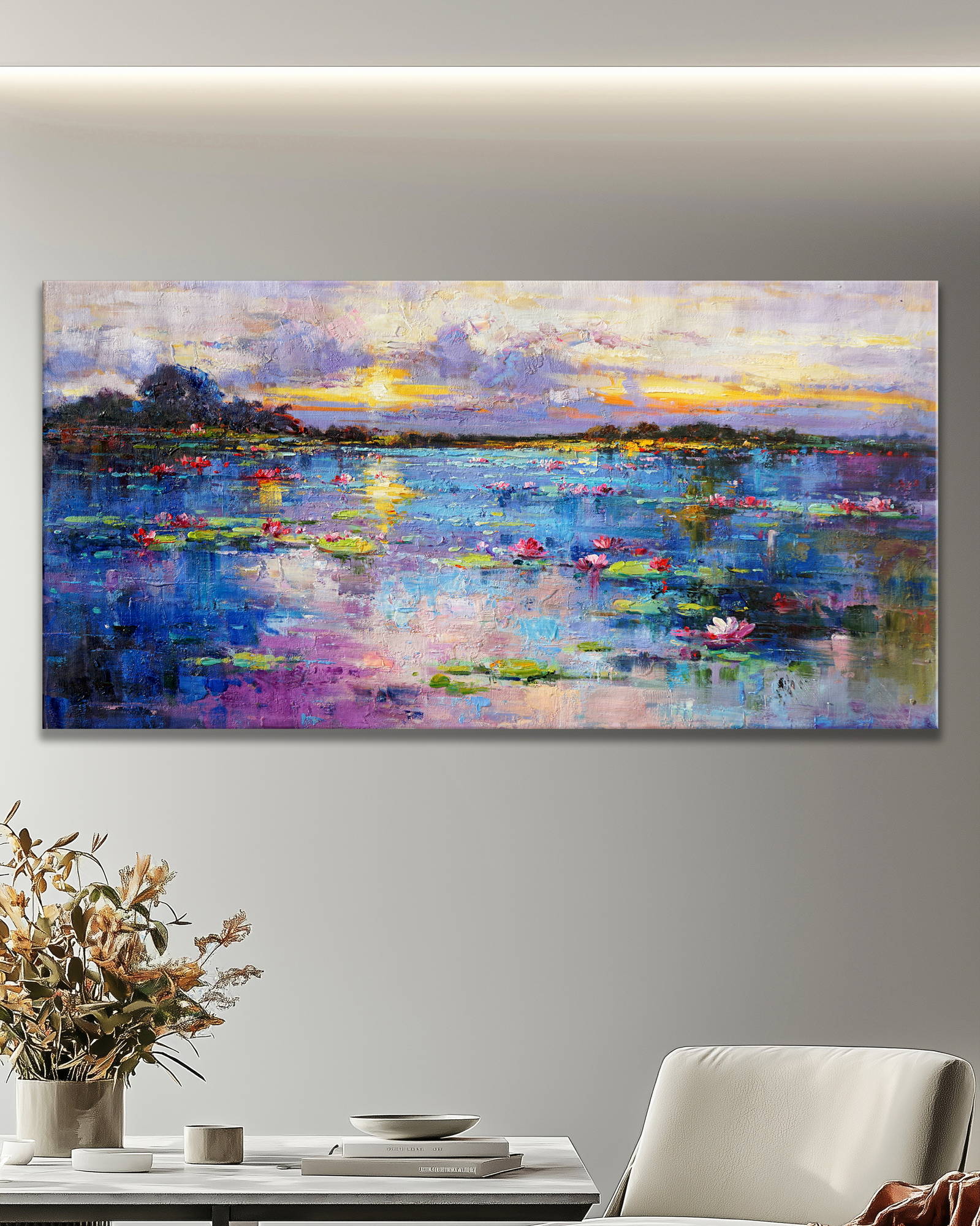 Dipinto Lago di ininfee al tramonto 70x140cm