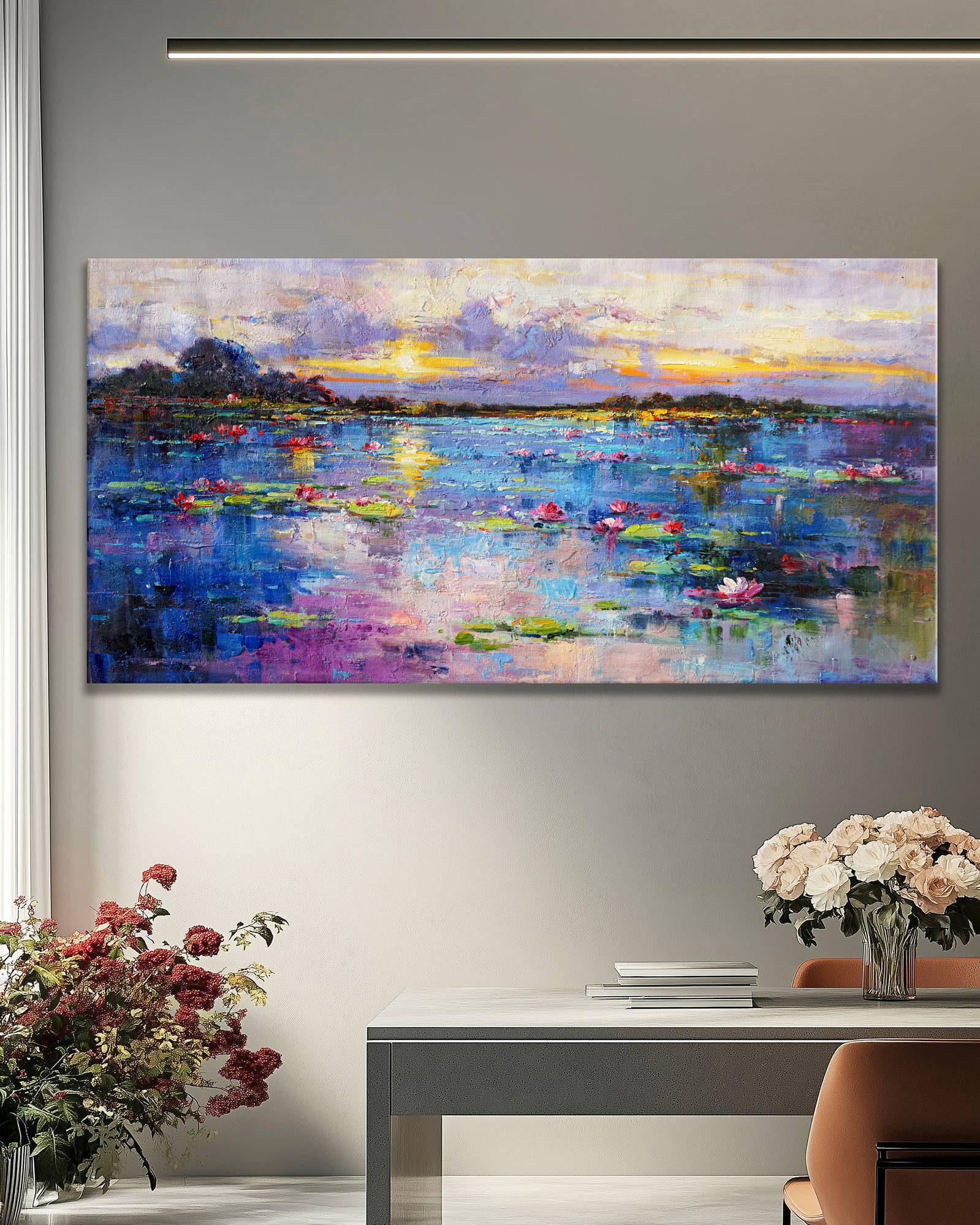 Dipinto Lago di ininfee al tramonto 70x140cm