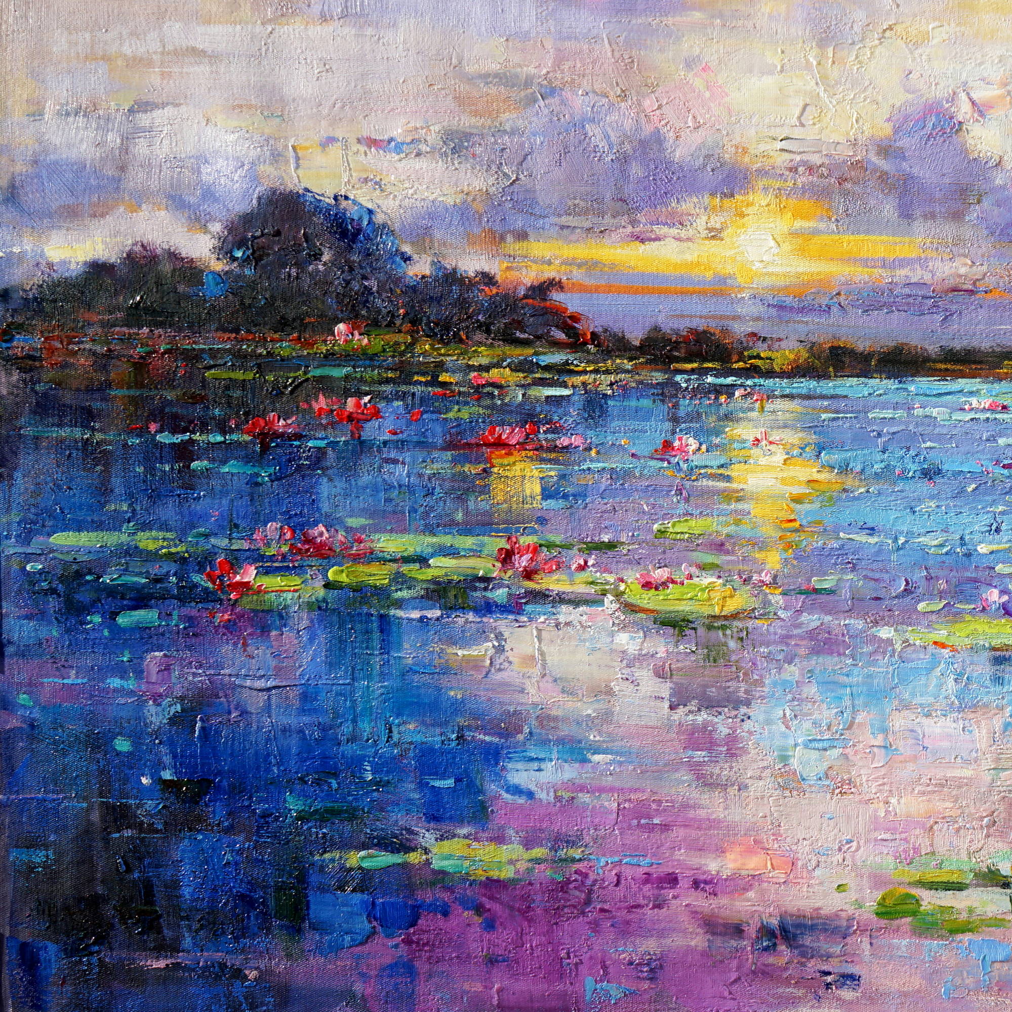 Dipinto Lago di ininfee al tramonto 70x140cm