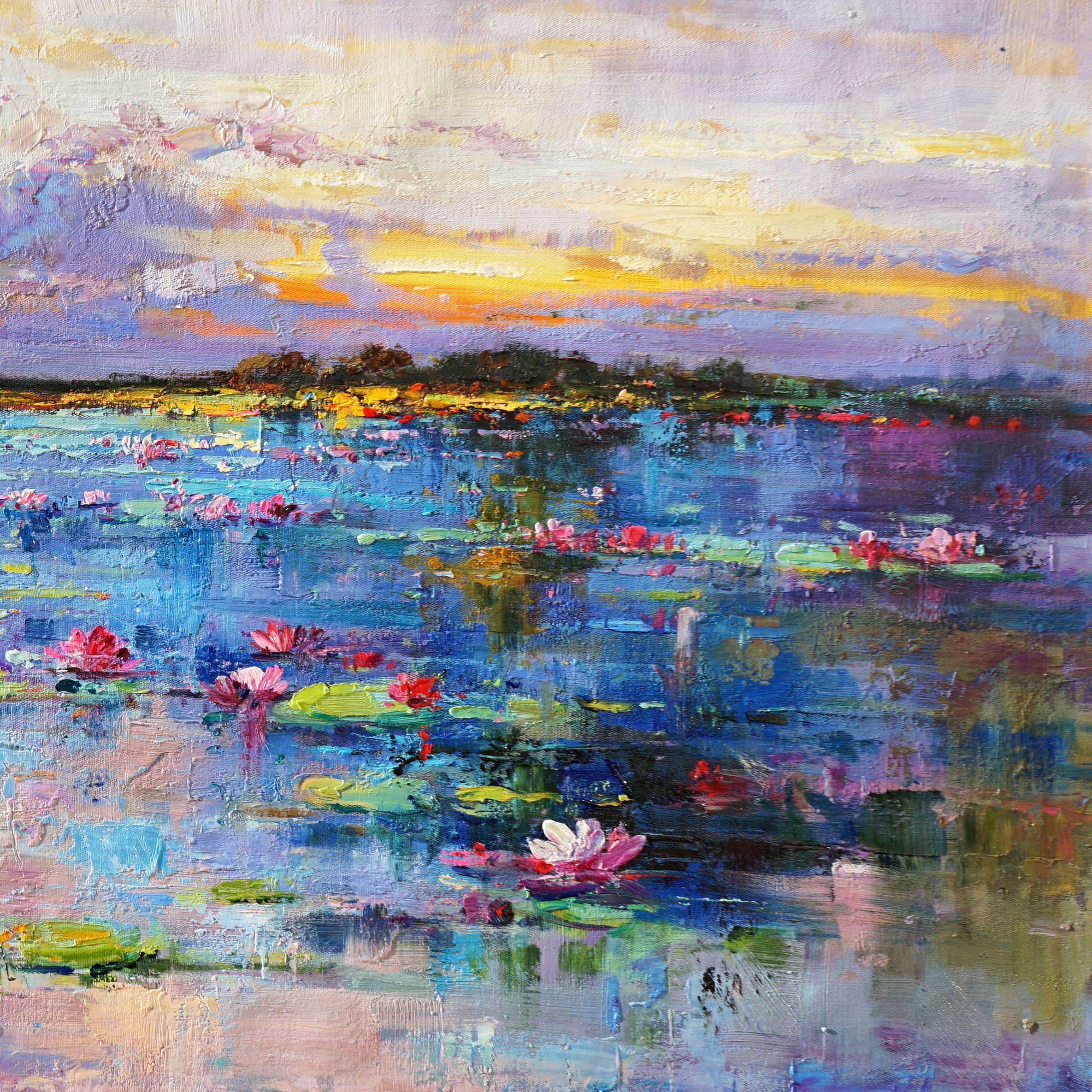 Dipinto Lago di ininfee al tramonto 70x140cm