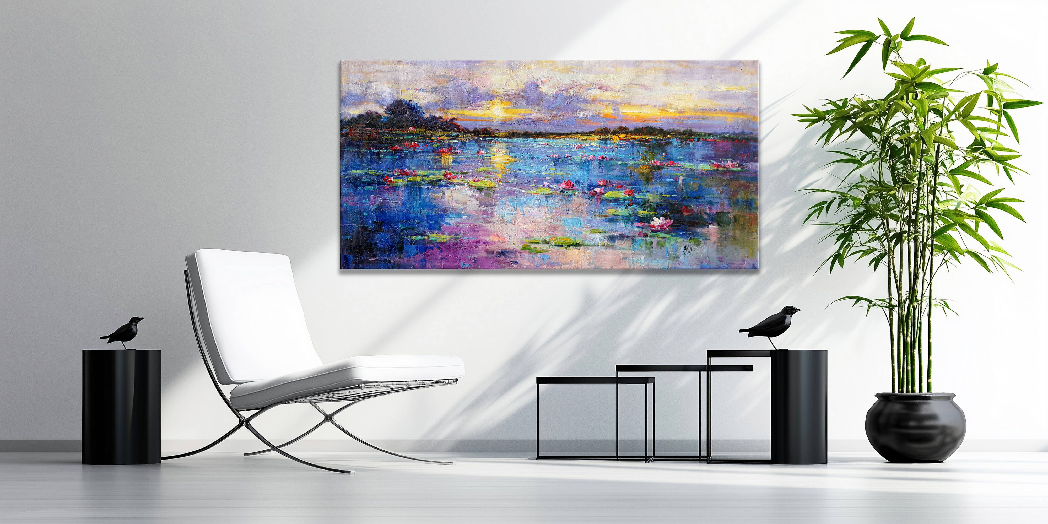 Dipinto Lago di ininfee al tramonto 70x140cm