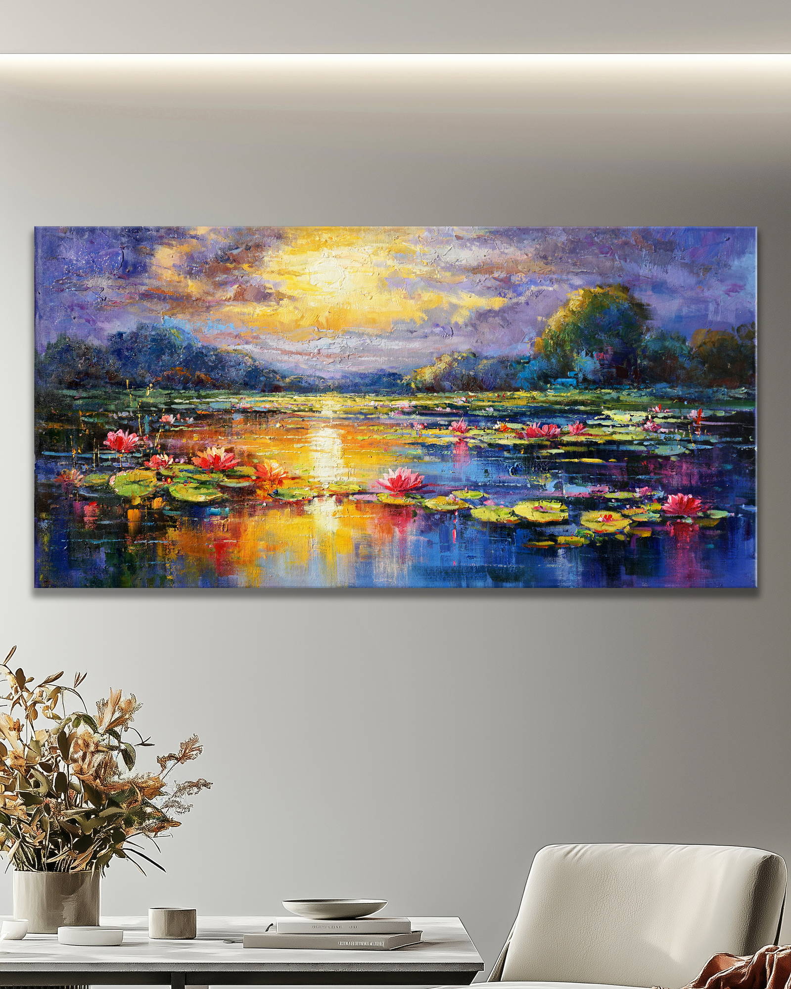 Dipinto Lago di ininfee al tramonto 70x140cm