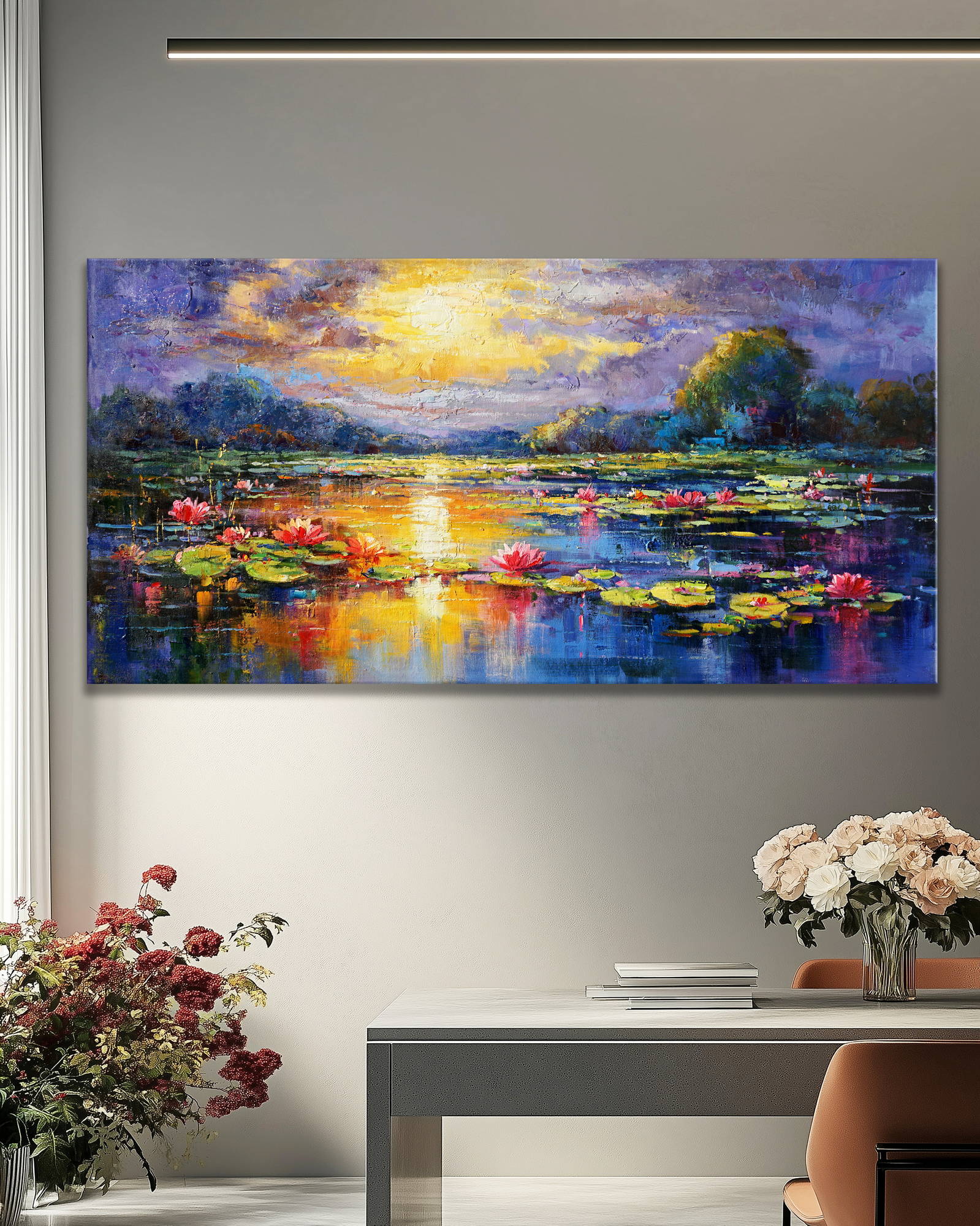 Dipinto Lago di ininfee al tramonto 70x140cm