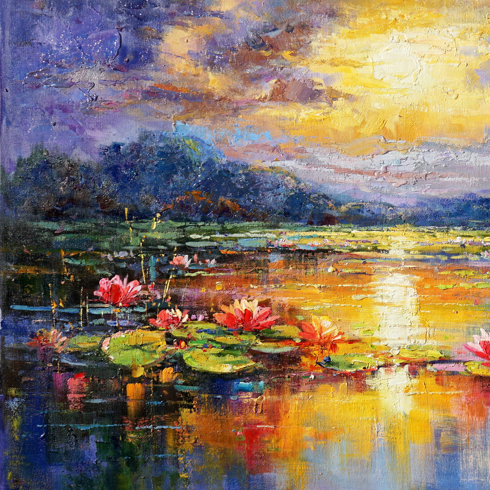 Dipinto Lago di ininfee al tramonto 70x140cm