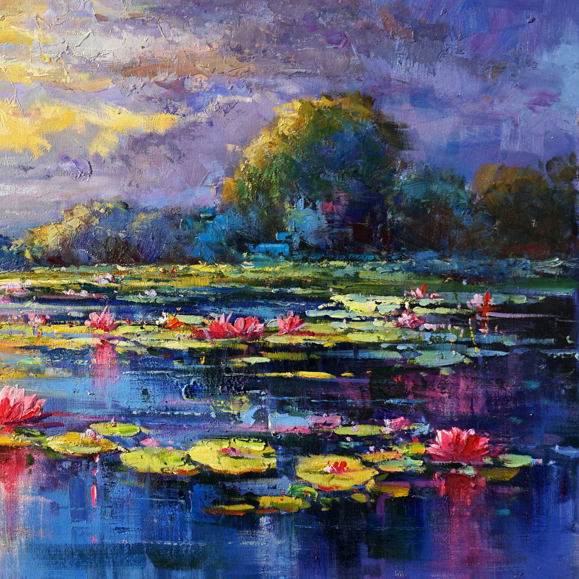 Dipinto Lago di ininfee al tramonto 70x140cm