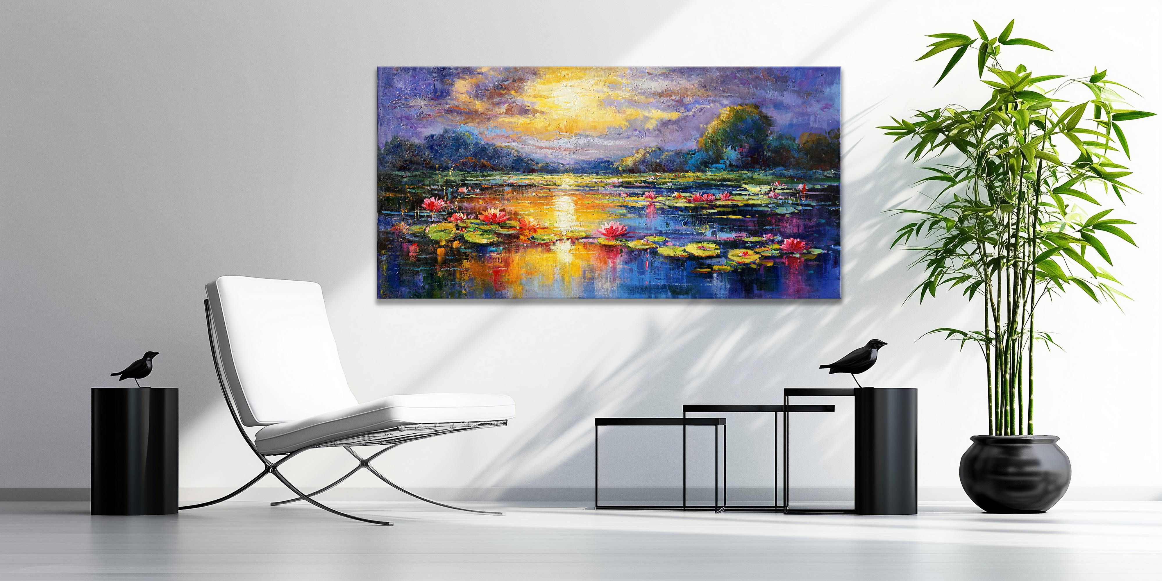 Dipinto Lago di ininfee al tramonto 70x140cm