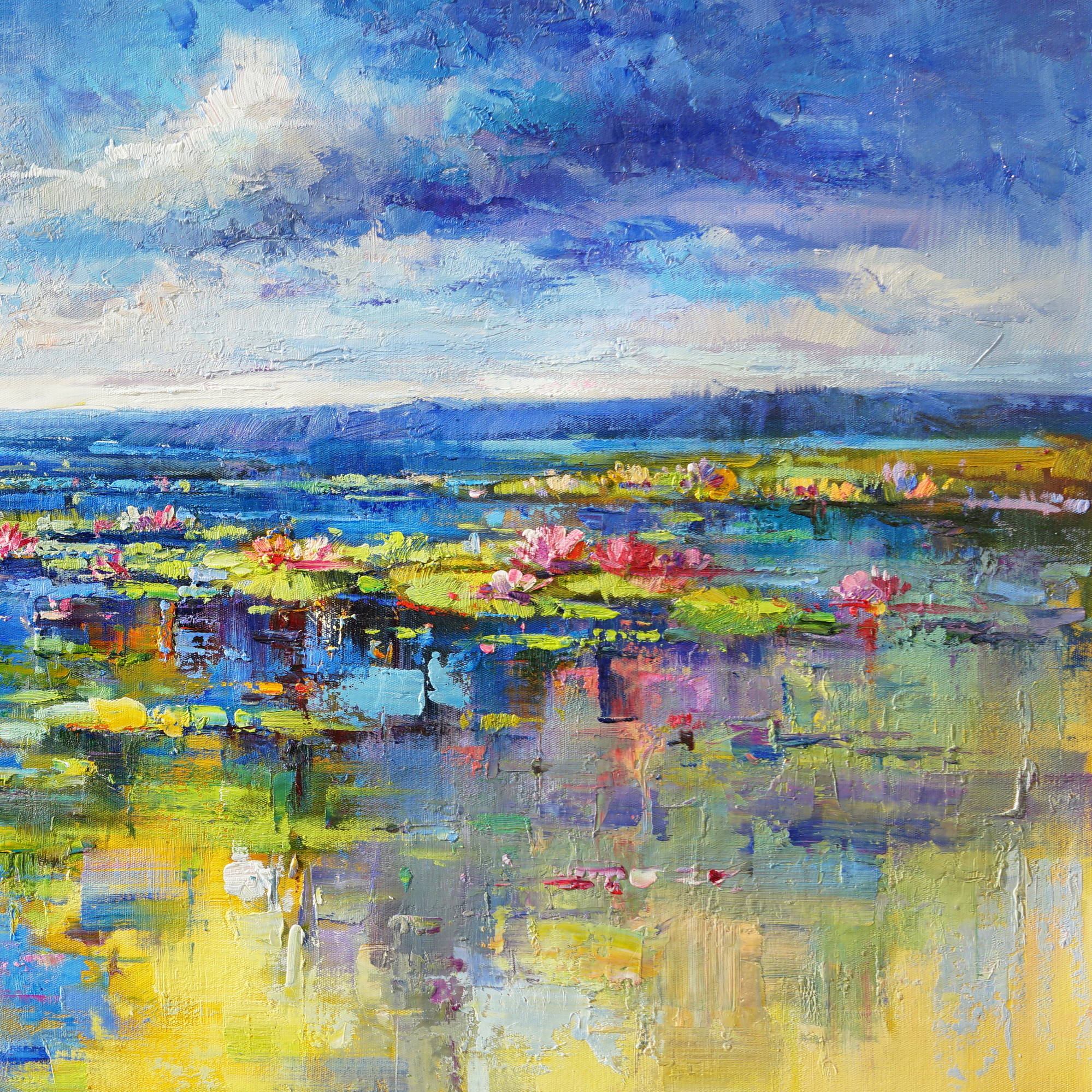 Dipinto Lago di ininfee al tramonto 70x140cm