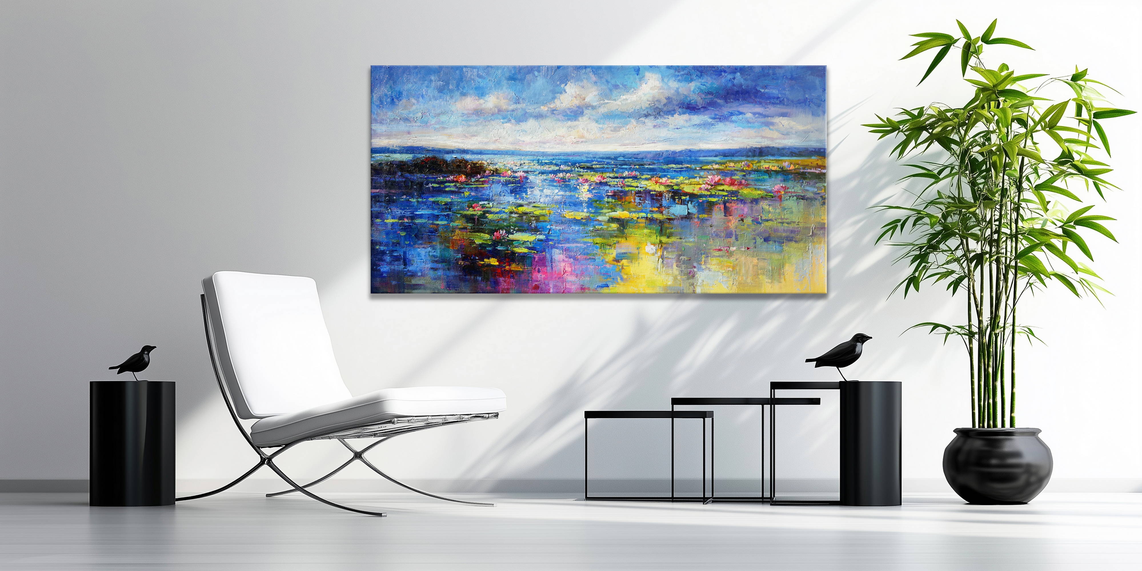 Dipinto Lago di ininfee al tramonto 70x140cm