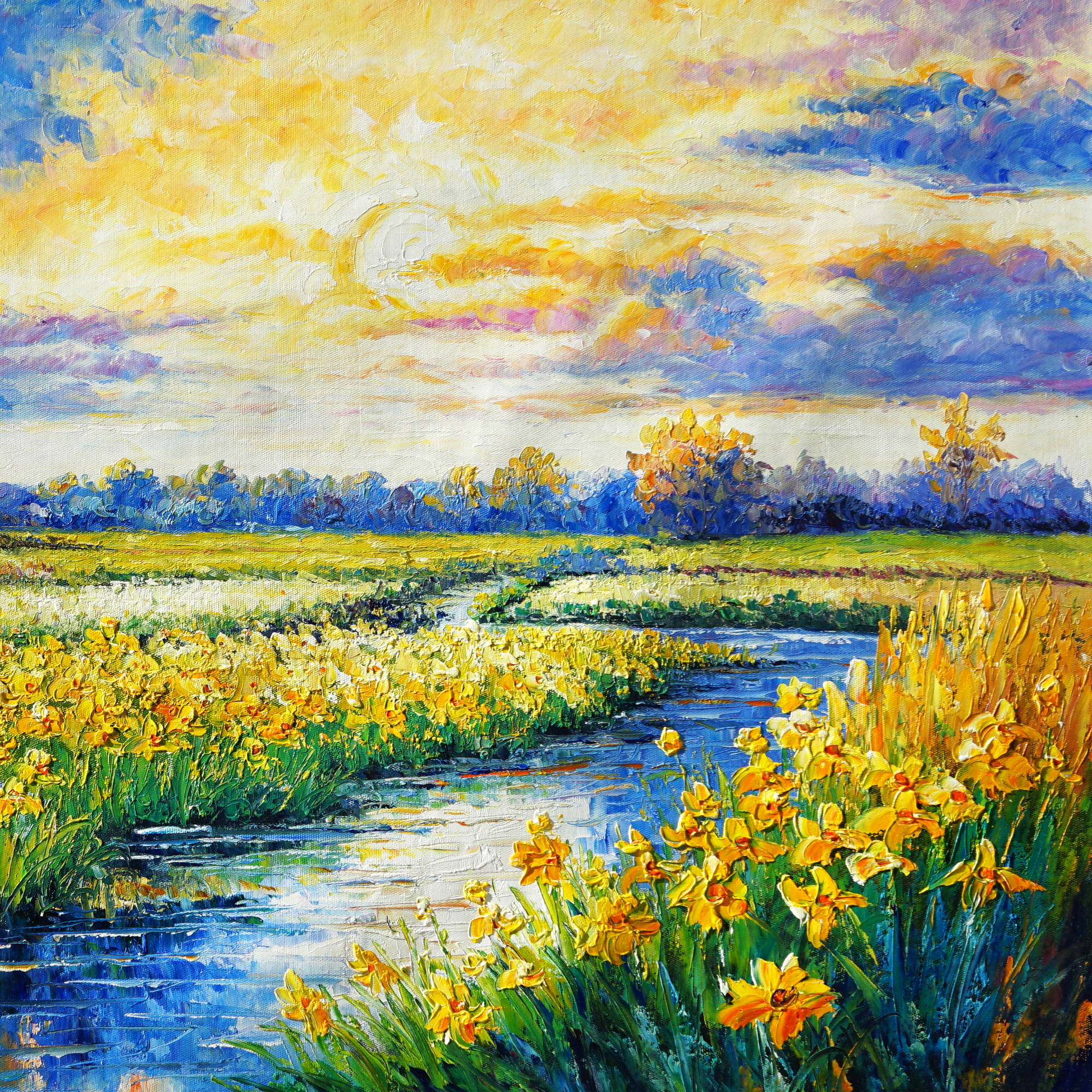 Dipinto a mano Campo di narcisi con Mulino a Vento 70x140cm