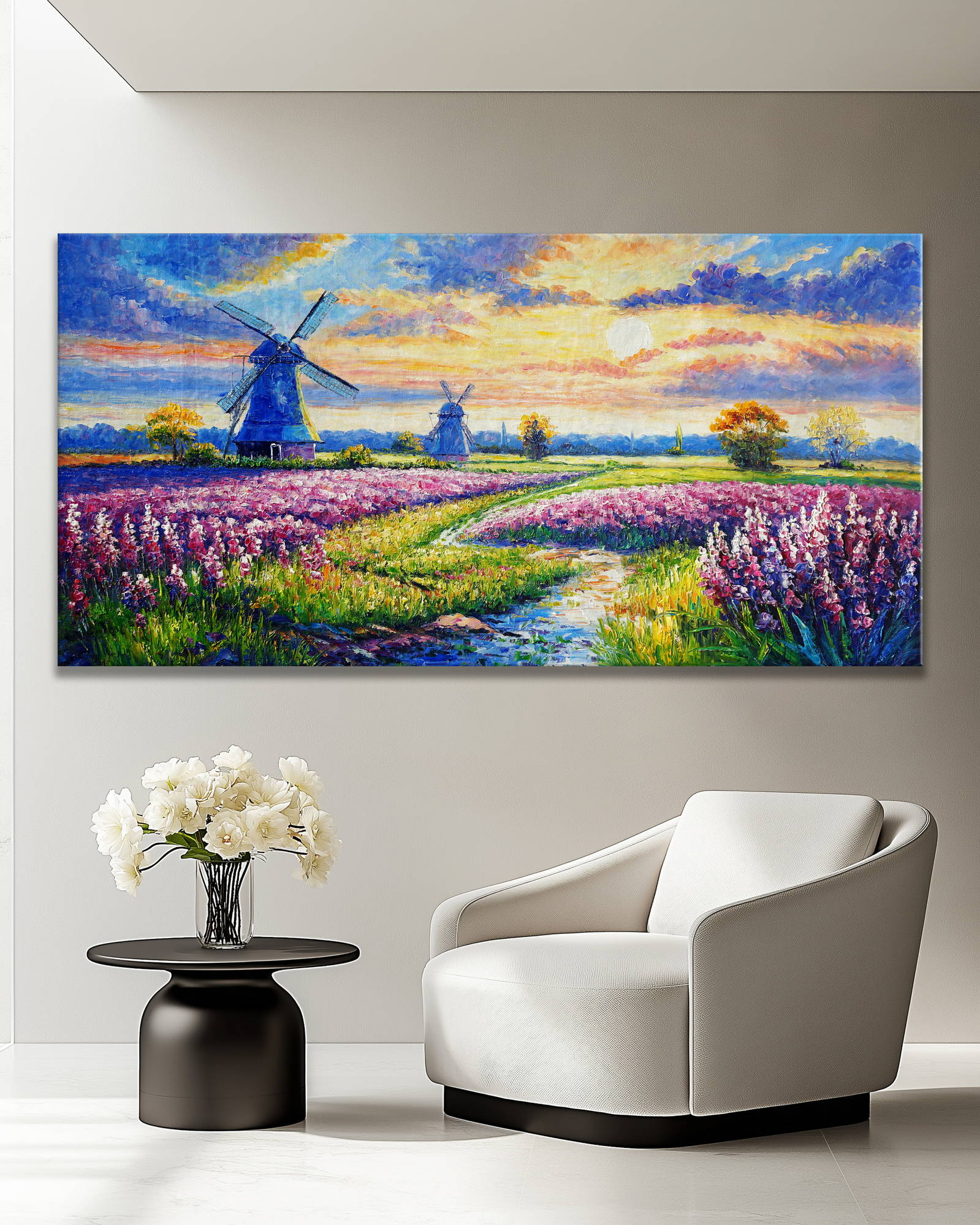 Hand painted Field of Flowers with Statue 70x140cm