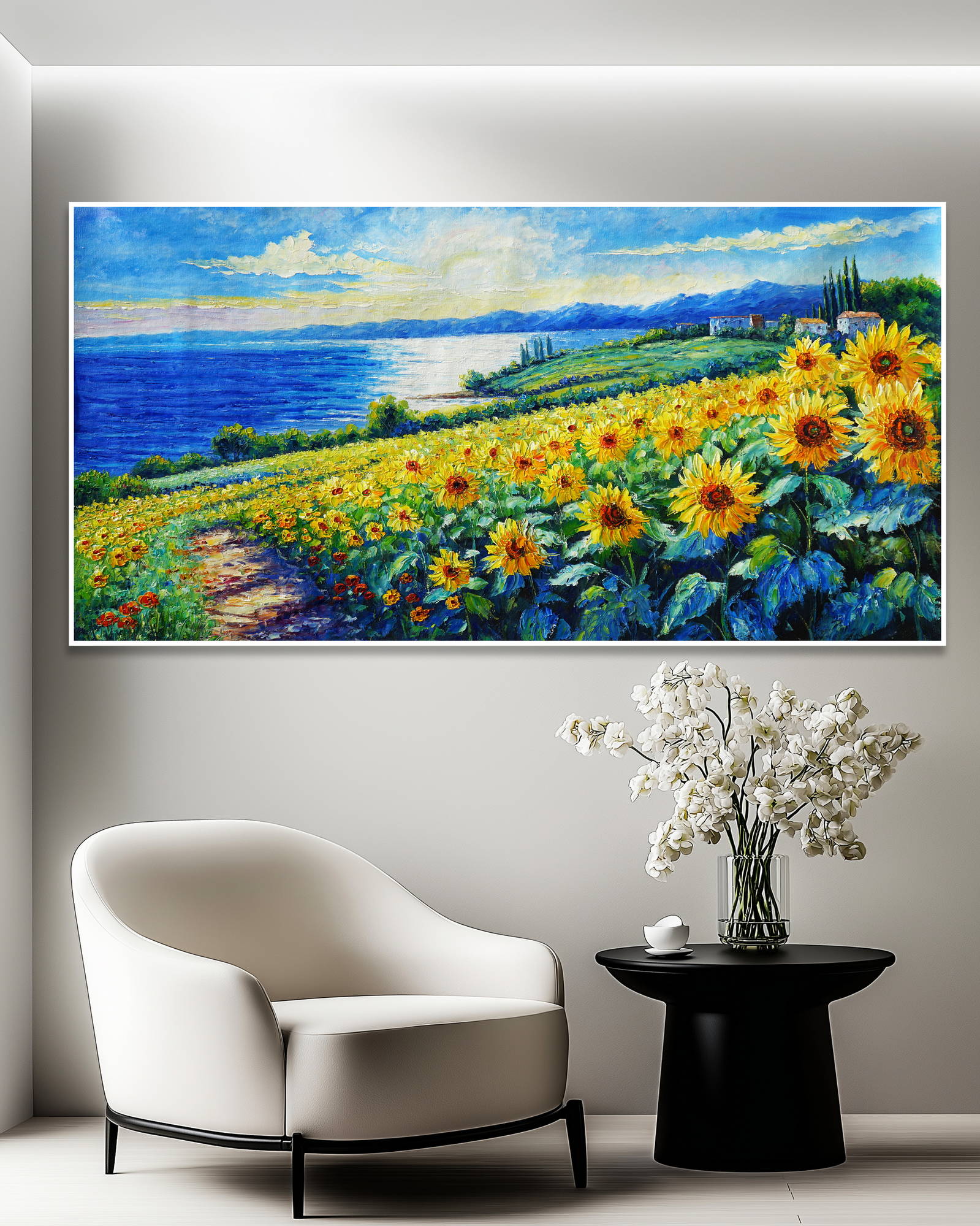 Dipinto a mano Campo di girasoli sulla costa 70x140cm