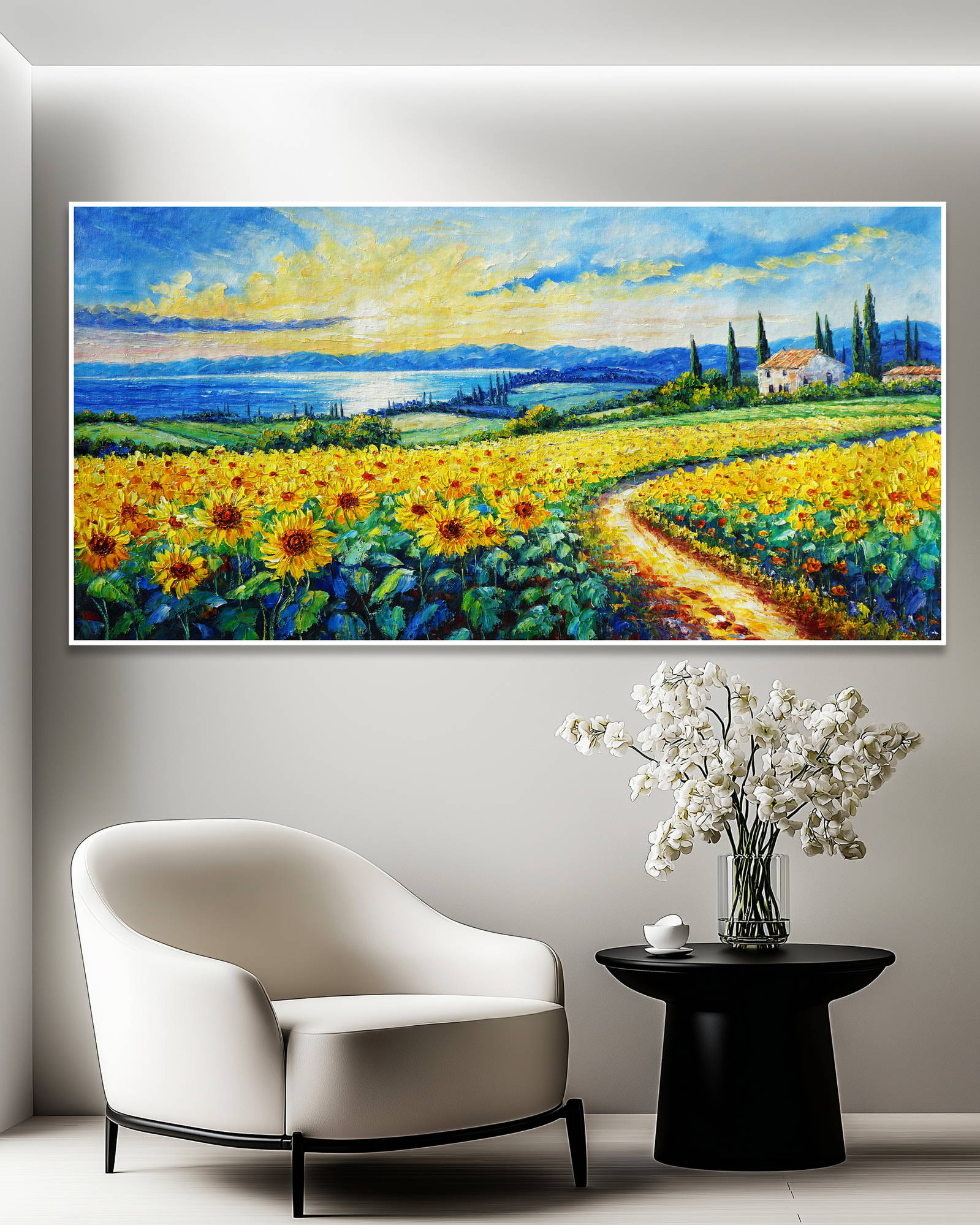 Dipinto a mano Campo di girasoli sulla costa 70x140cm