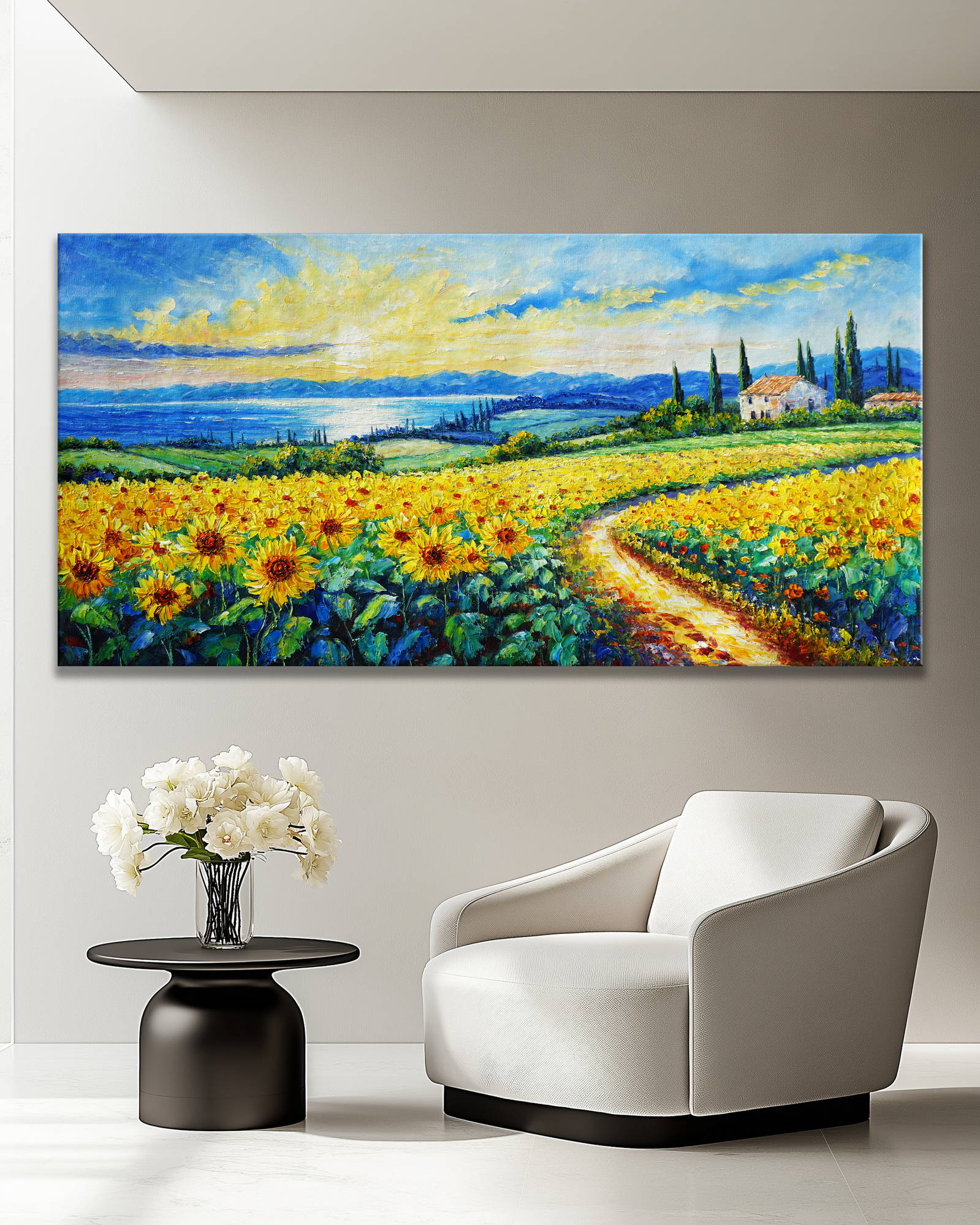 Dipinto a mano Campo di girasoli sulla costa 70x140cm