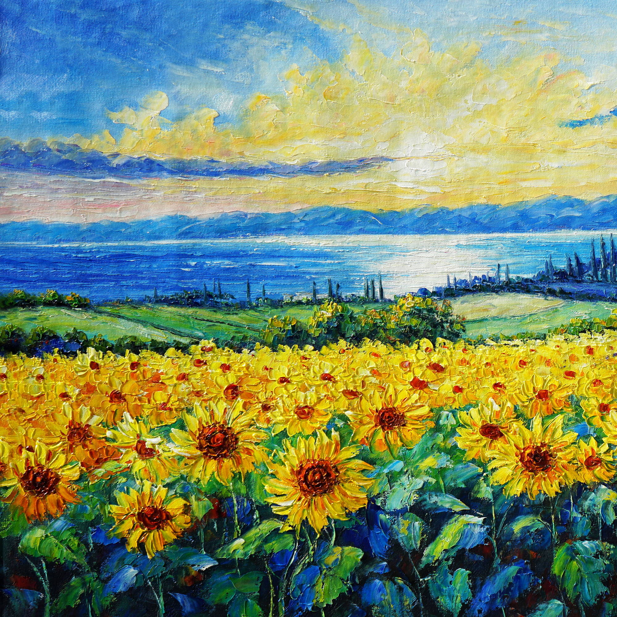 Dipinto a mano Campo di girasoli sulla costa 70x140cm