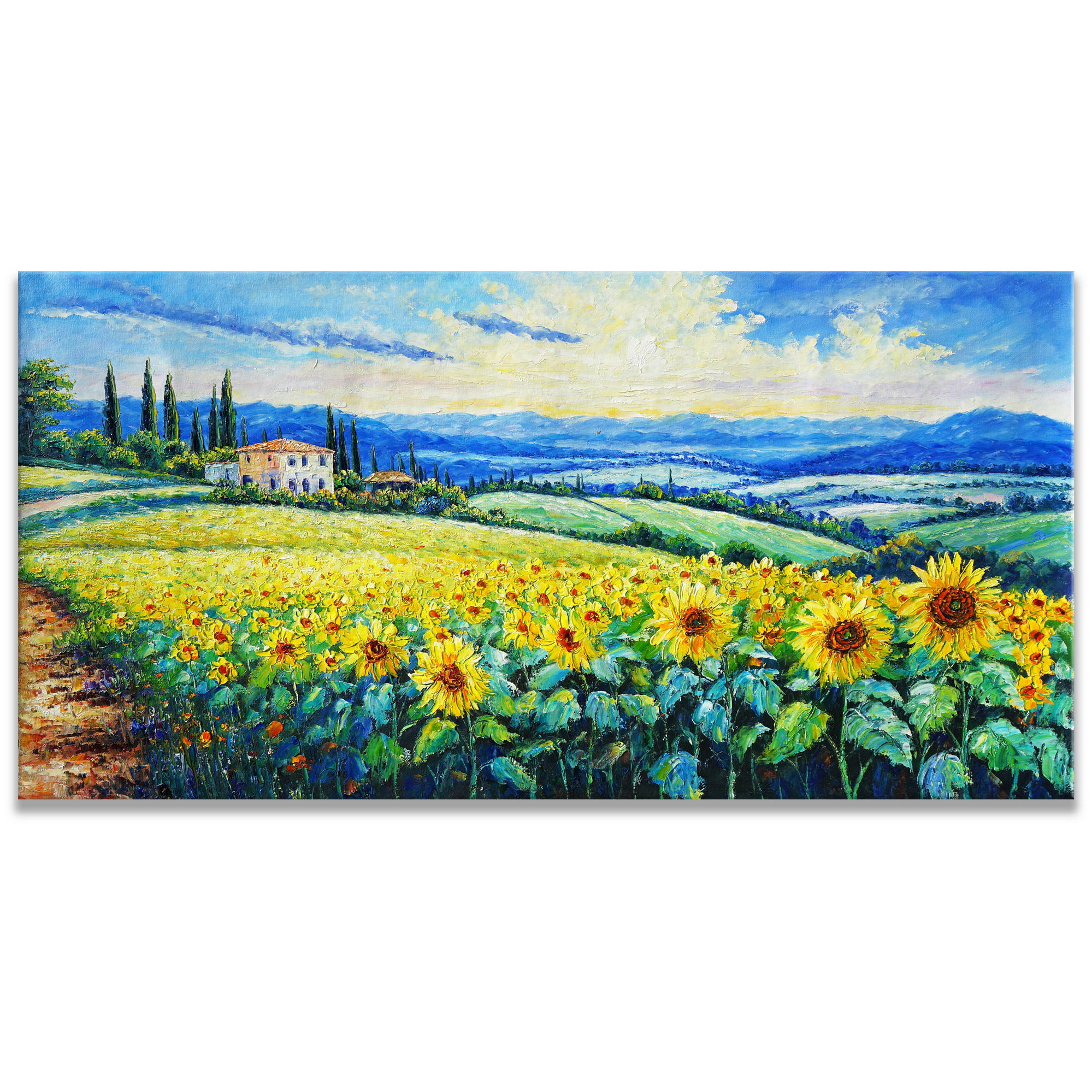 Dipinto di un campo di girasoli sulle colline toscane