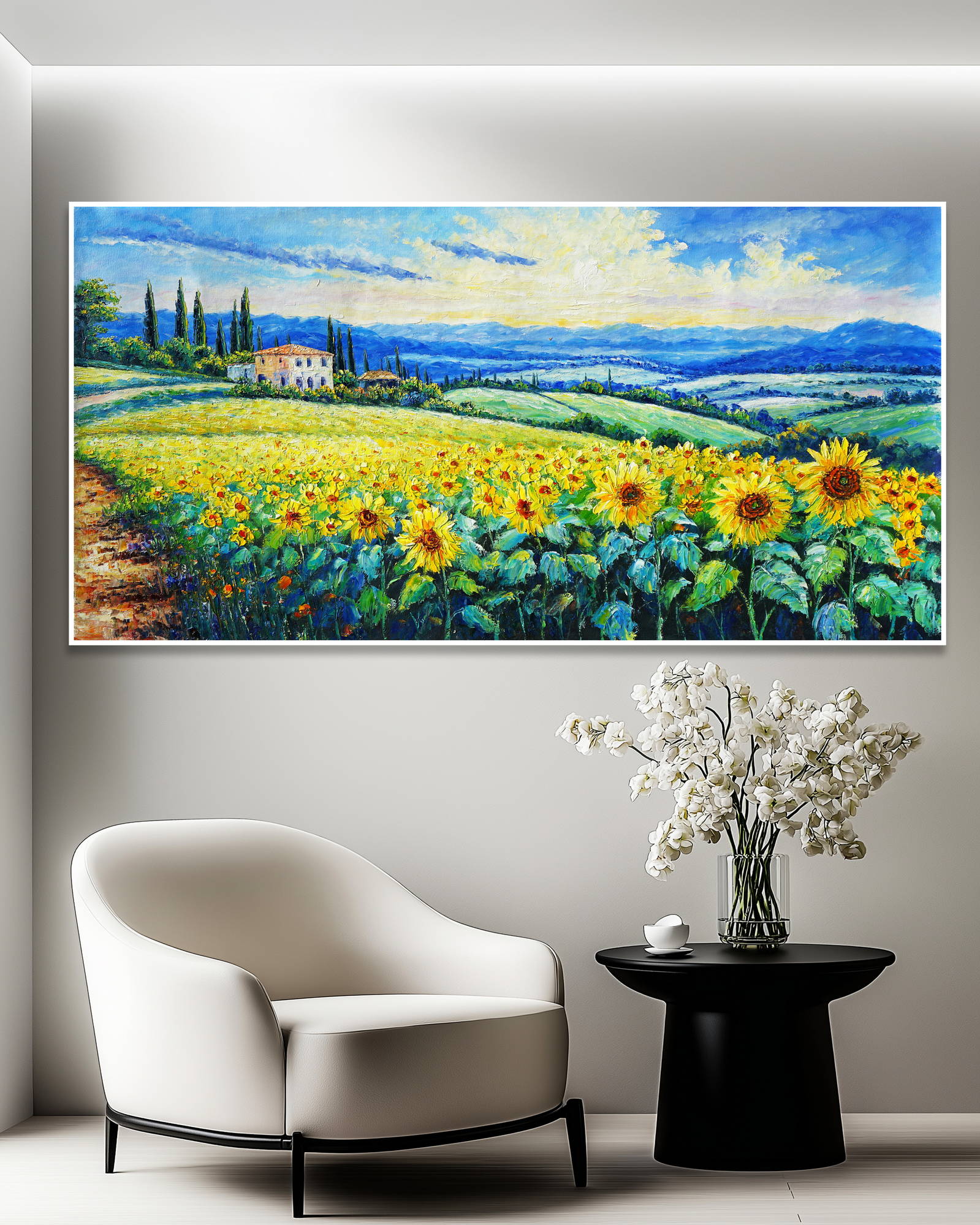 Dipinto a mano Campo di Girasoli sulle colline toscane 70x140cm