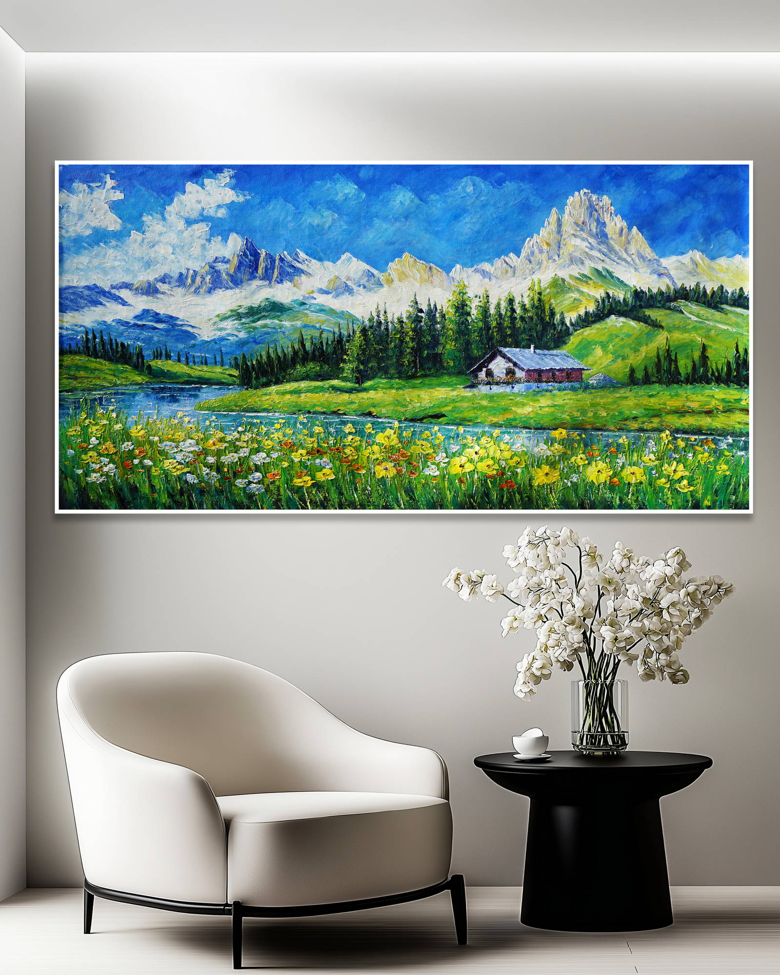 Dipinto a mano Ruscello Montagne Fiori 70x140cm